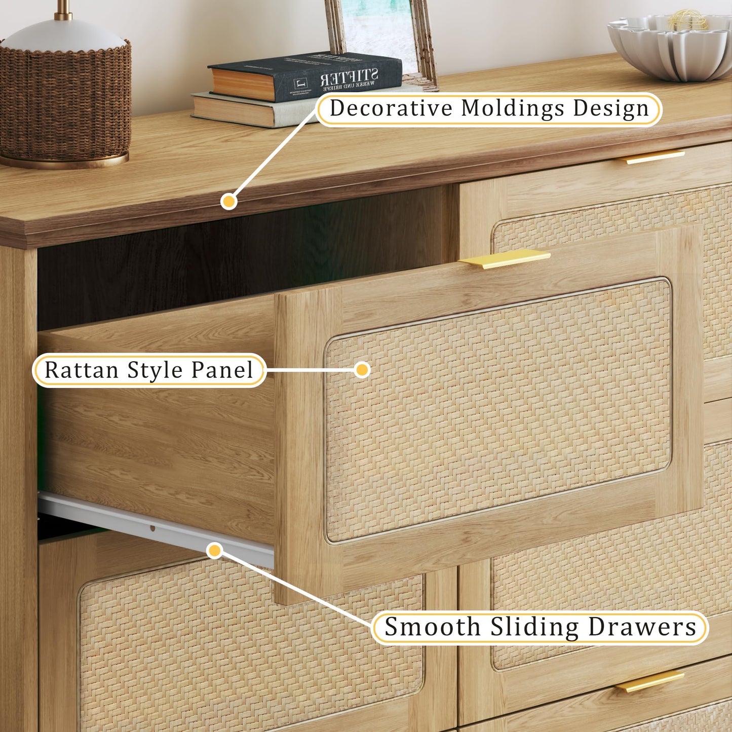 HUAHUU 9 Drawer Dresser for Bedroom, 60 Inch Long Dressers & Rattan Chest of Drawers, Large TV Stand for 55, 65, 70 Inch TV, Boho Style, Modern Dresser for, Living Room, Entryway, Bedroom, Natural Oak