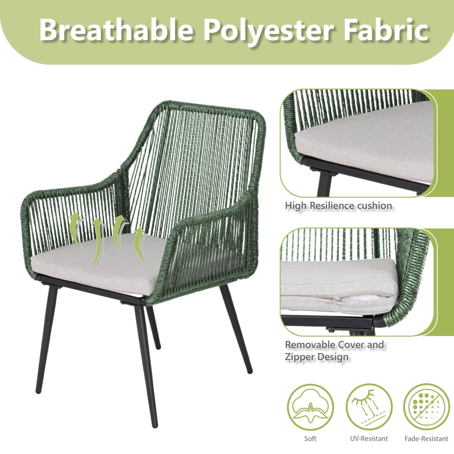 Olaterior Patio Dining Chairs Outdoor Dining Chairs Set of 4, Woven Twisted Wicker Rattan Chair with Armrest and Cushion, Modern Indoor Outdoor Seating for Garden, Lawn, Backyard, Green