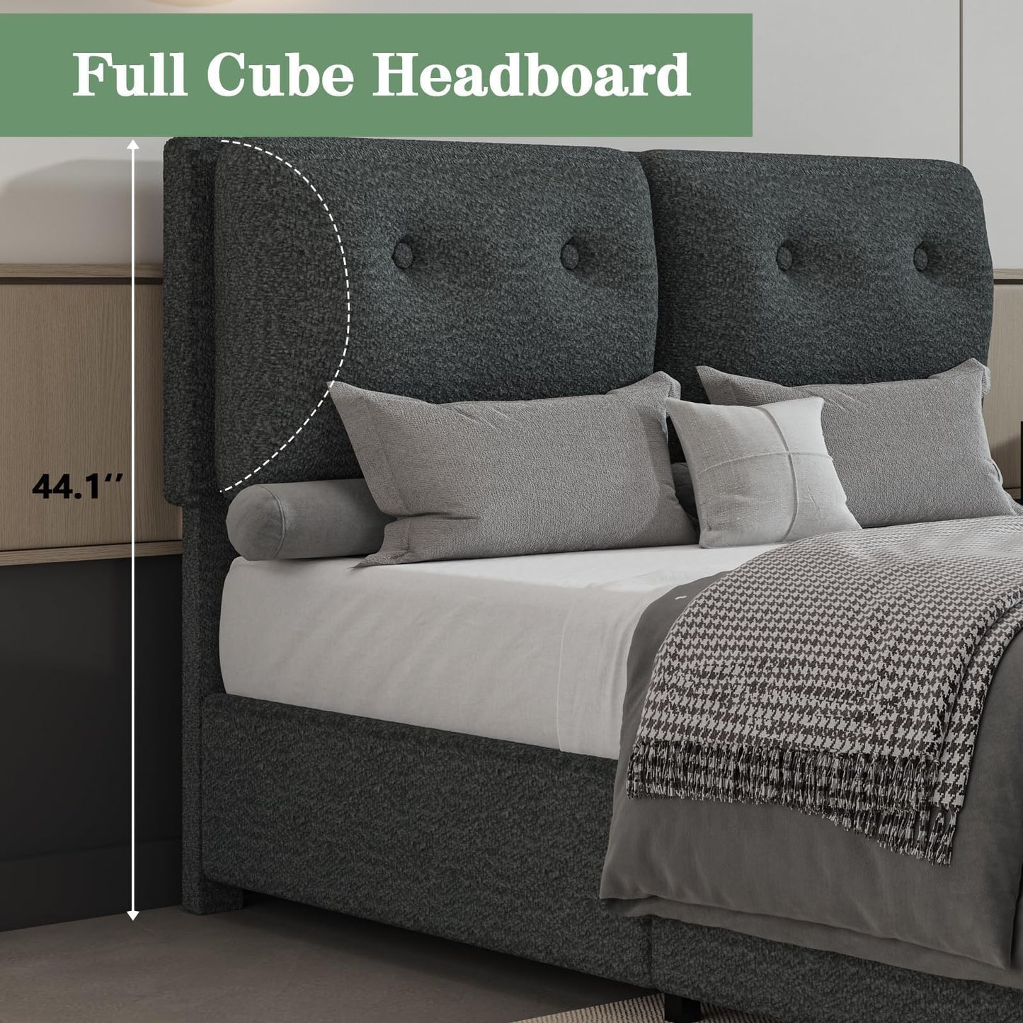 CHABUILDREARK King Size Bed Frame, Upholstered Boucle Platform Bed with Headboard, Cloud Bed Frames with Soft Headboard, Wooden Slats Support, No Box Spring Needed, Easy Assembly, Dark Grey