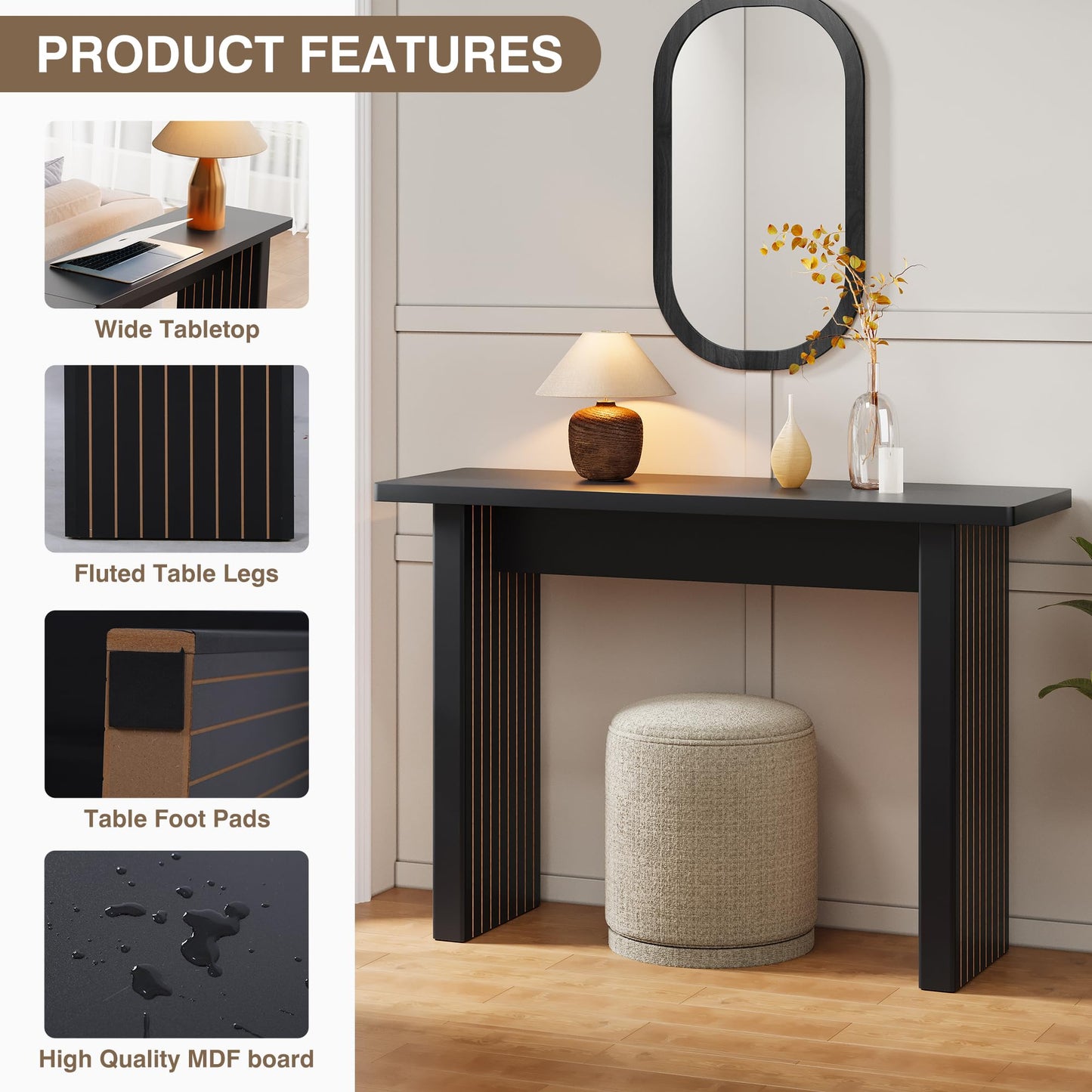 RUSTYER Fluted Entryway Console Table, Wooden Rectangular Sofa Table for Entrance, Narrow Wood Entryway Small Long Entry Table for Hallway, Living Room (Black)
