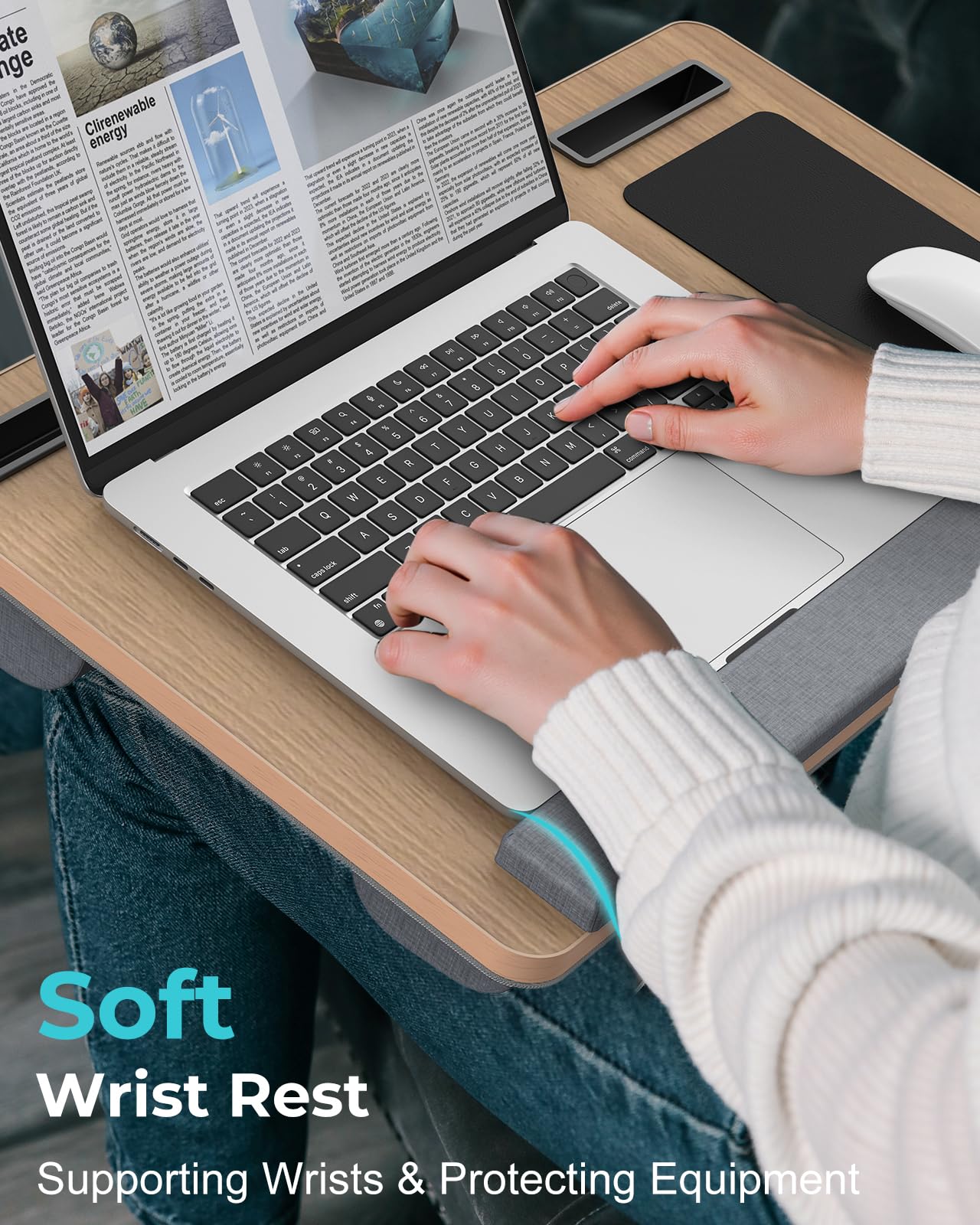 Potuopy Lap Desk - Up to 17” Laptop with Wrist Rest, Portable Handle, Fixed Mouse Pad, Tablet & Phone Slots, Laptop Stand for Bed with Cushion (Dark Brown Woodgrain)