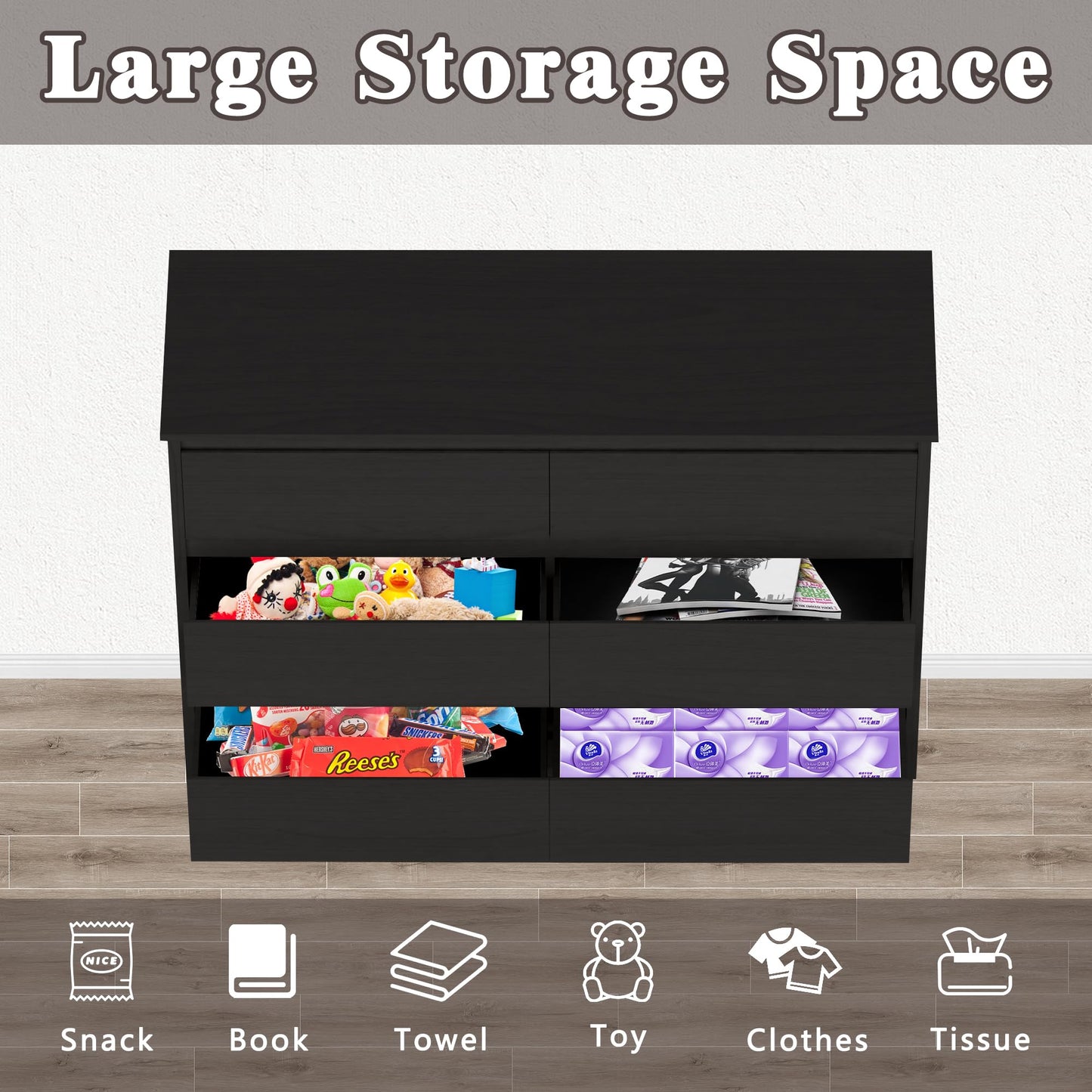 IBXFO Black 6 Drawer Dresser for Bedroom, Wide Modern Chest of Drawers No Handles, Wood Storage Cabinet for Living Room, Hallway, Entryway