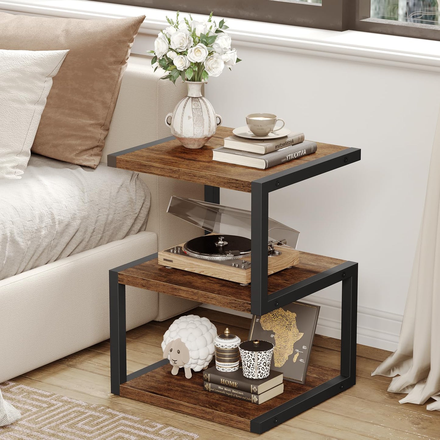 Asgolion Side Table with 3-Tier Storage, S-Shape Bedside End Table for Small Spaces, 21.6'' Small Nightstand for Living Room, Bedroom, Easy Assembly, Rustic Brown and Black