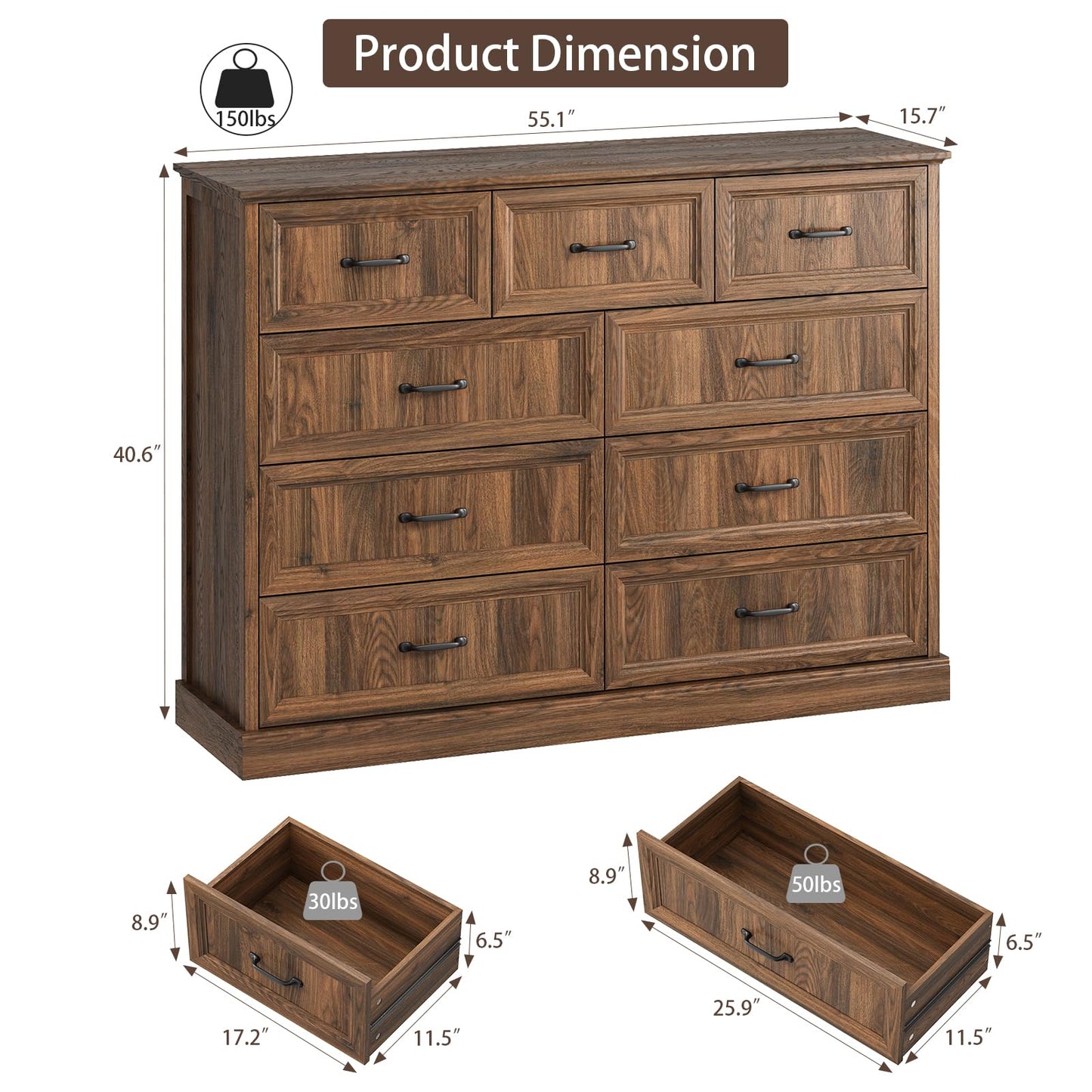 Farmhouse 9 Drawer Dresser for Bedroom, 55 Inch Wide Modern Walnut Dresser TV Stand with Large Drawers & Bar Handles, Rustic Wood Chest of Drawers for Bedroom, Living Room, Hallway, Entryway.