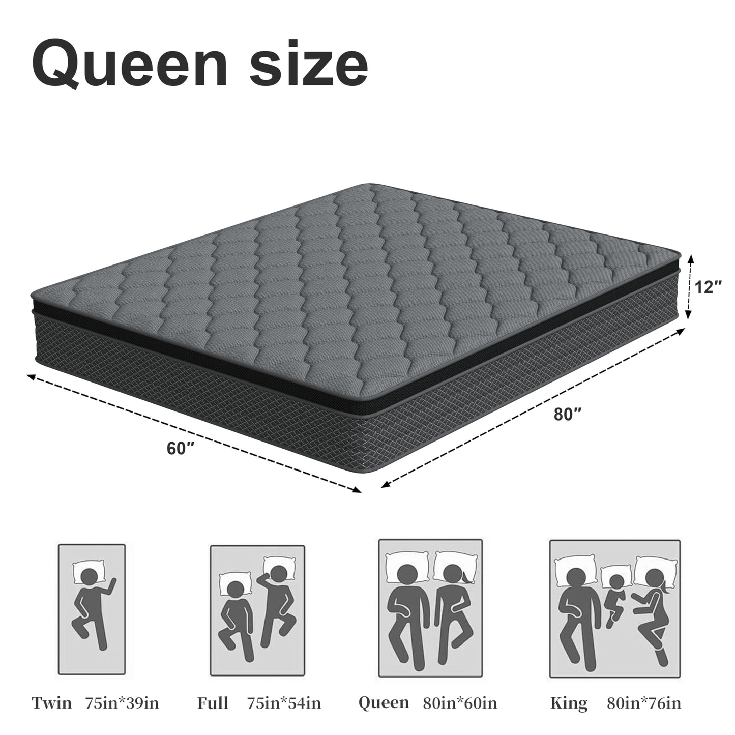DAJIYUHC Queen Mattress, 12 Inch Hybrid Mattress in a Box, Memory Foam and Pocket Springs, Medium Plush Feel with Motion Isolating, CertiPUR-US Certified, Fiberglass Free -365-Night Trial