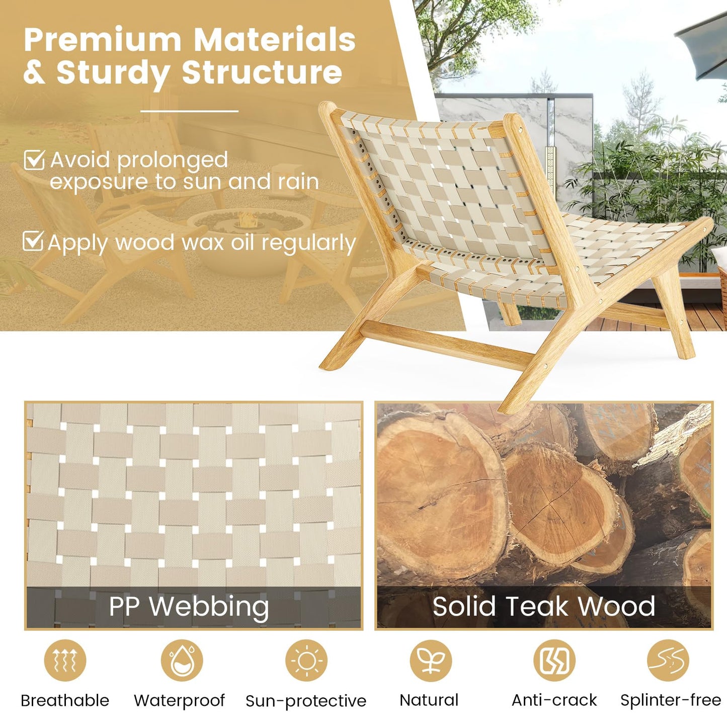 Tangkula Teak Wood Patio Dining Chair, Outdoor Wooden Mid-Century Accent Armless Chair w/Webbing Seat & Backrest, for Living Room, Balcony, Porch, Backyard, Lawn, Poolside, Garden, Deck (Natrual,2)