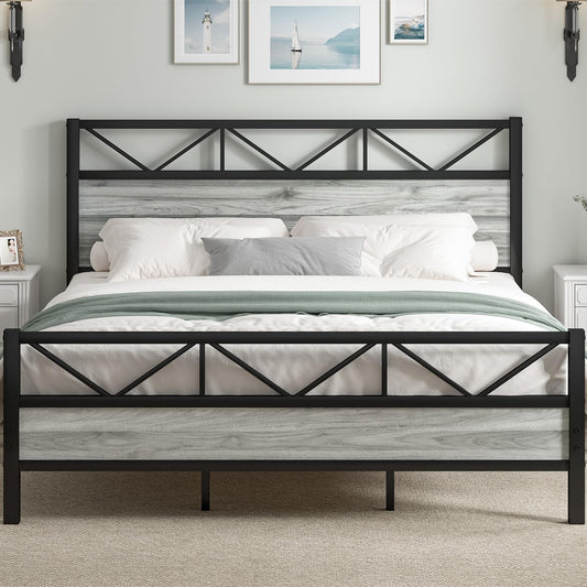 CHABUILDREARK King Bed Frame and Headboard, Industrial 51.2" Tall Headboard, King Platform Bed Frame with Heavy Duty Metal Slats Support, No Box Spring Needed, Noise-Free, Easy Assembly, Wash Grey