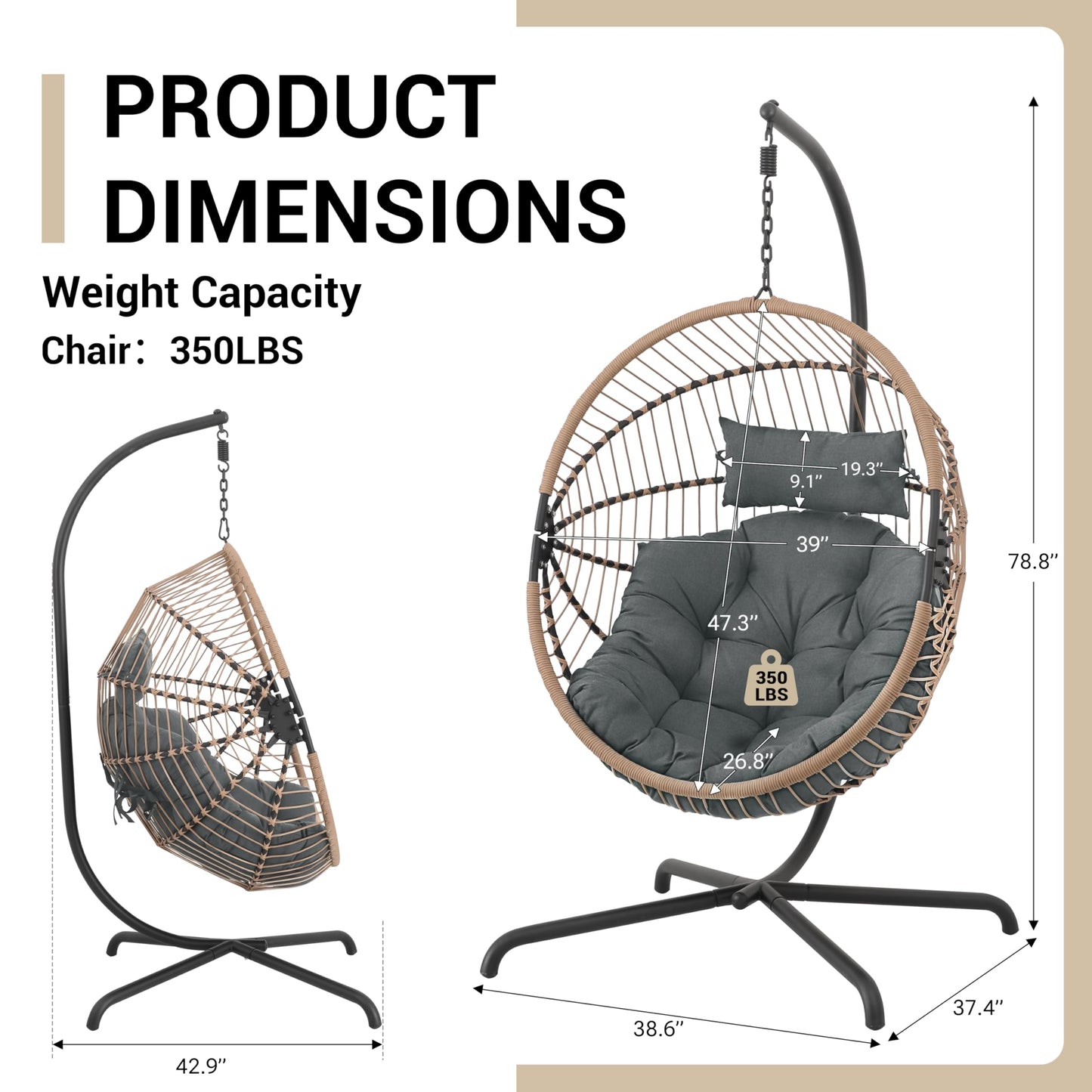 GREEN MORE Oversized Egg Swing Chair with Stand, Hanging Swing Chair, Foldable Hammock Chair with Steel Frame, 350LBS Capacity for Patio Garden Bedroom, Beige