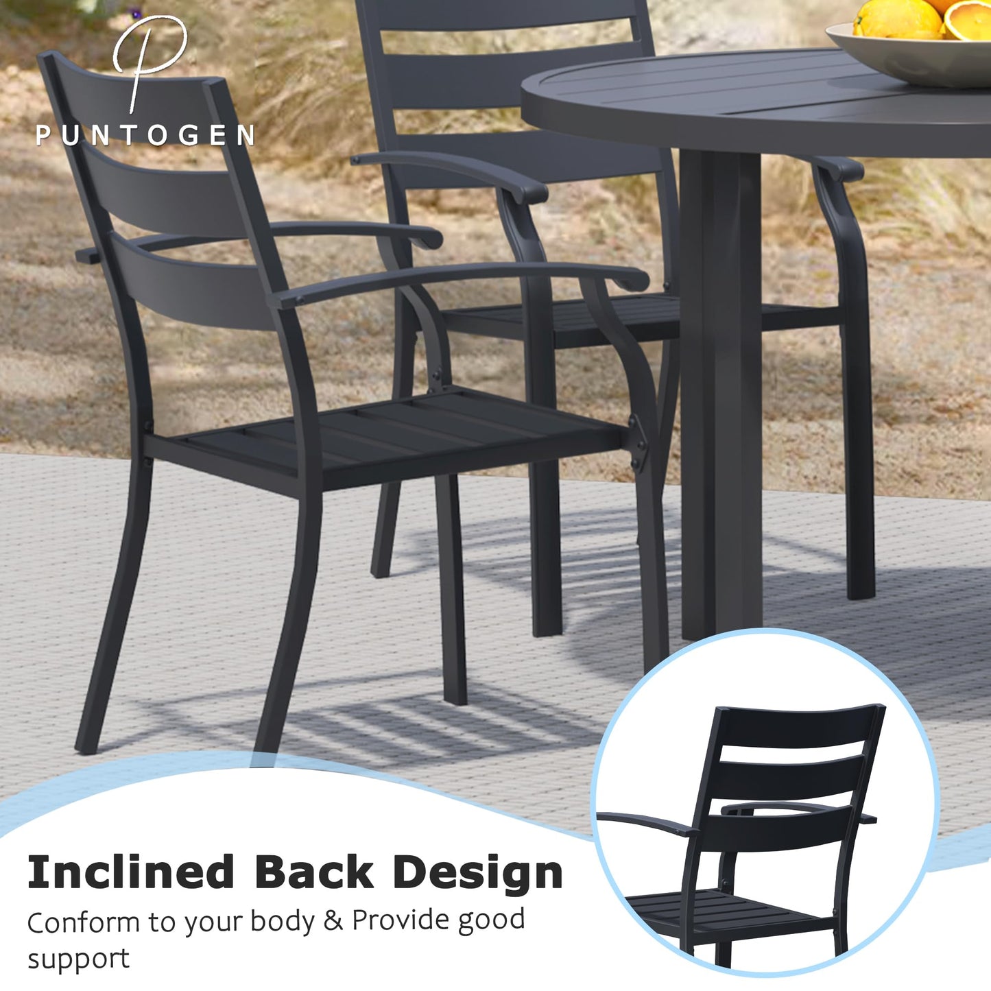 Puntogen Metal Patio Chairs Set of 4, Stackable All-Weather Outdoor Metal Chair, Wrought Iron Patio Chairs with Armrest, Outdoor Dining Chairs for Garden, Poolside, Backyard, Black