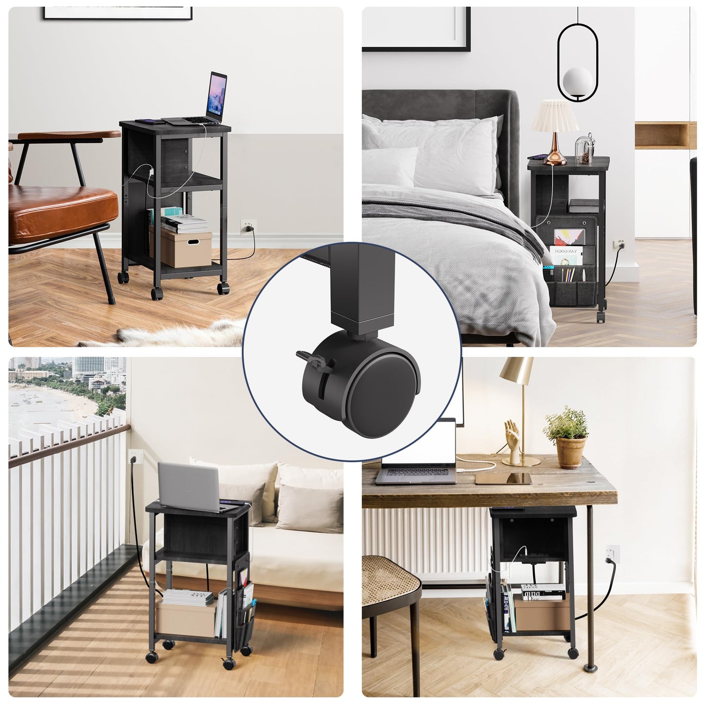 Merapi Small End Table with Charger, Side Table on Wheels, Mobile Nightstand with USB Ports, Black Sofa Side Table with Storage for Small Spaces, Living Room, Bedroom, Study, Home Office