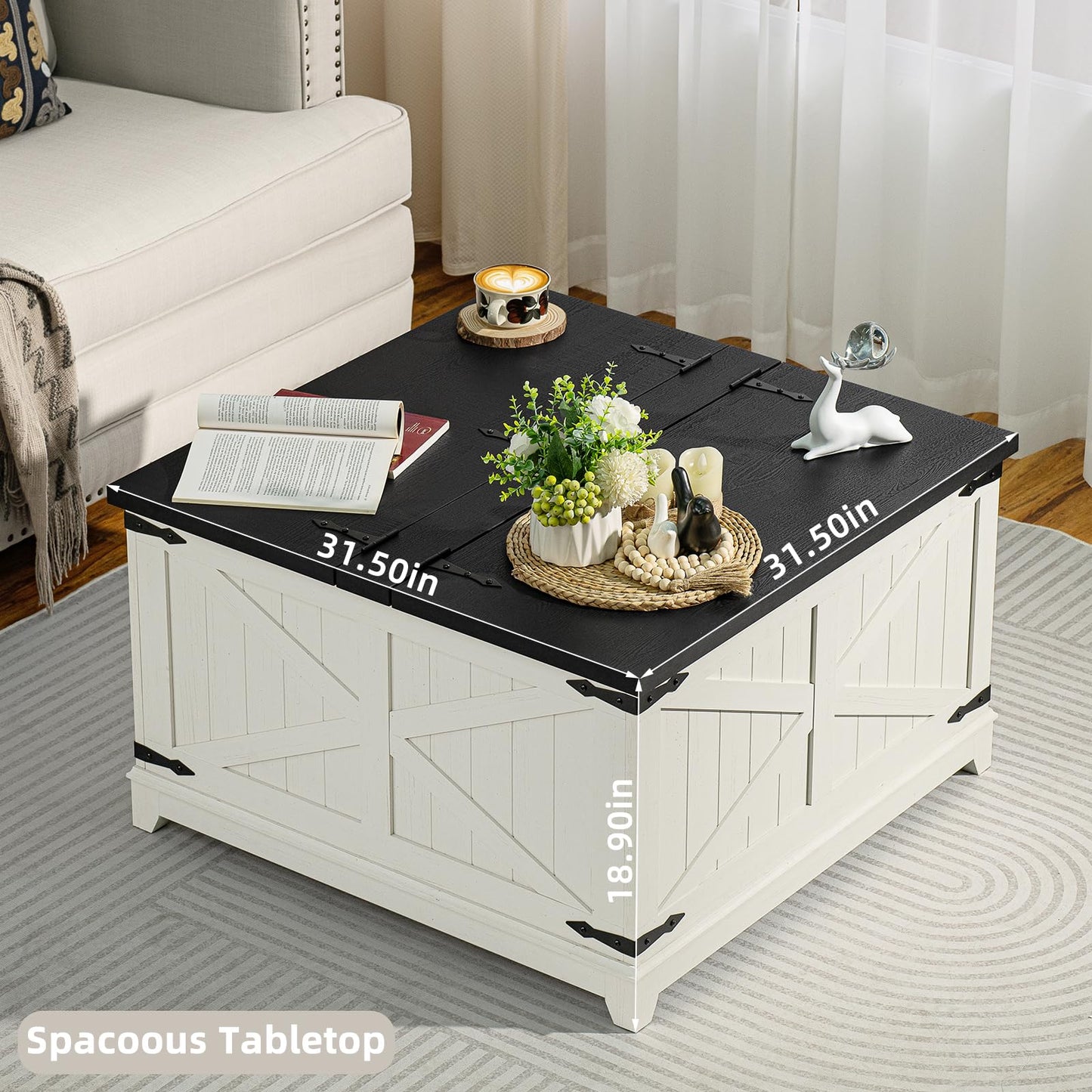 Farmhouse Coffee Table Sets 3 Pieces, Large End Side Tables with Charging Station and Coffee Table with Hidden Storage Compartment, White Living Room Table Set, Wood Furniture Sets for Home Office