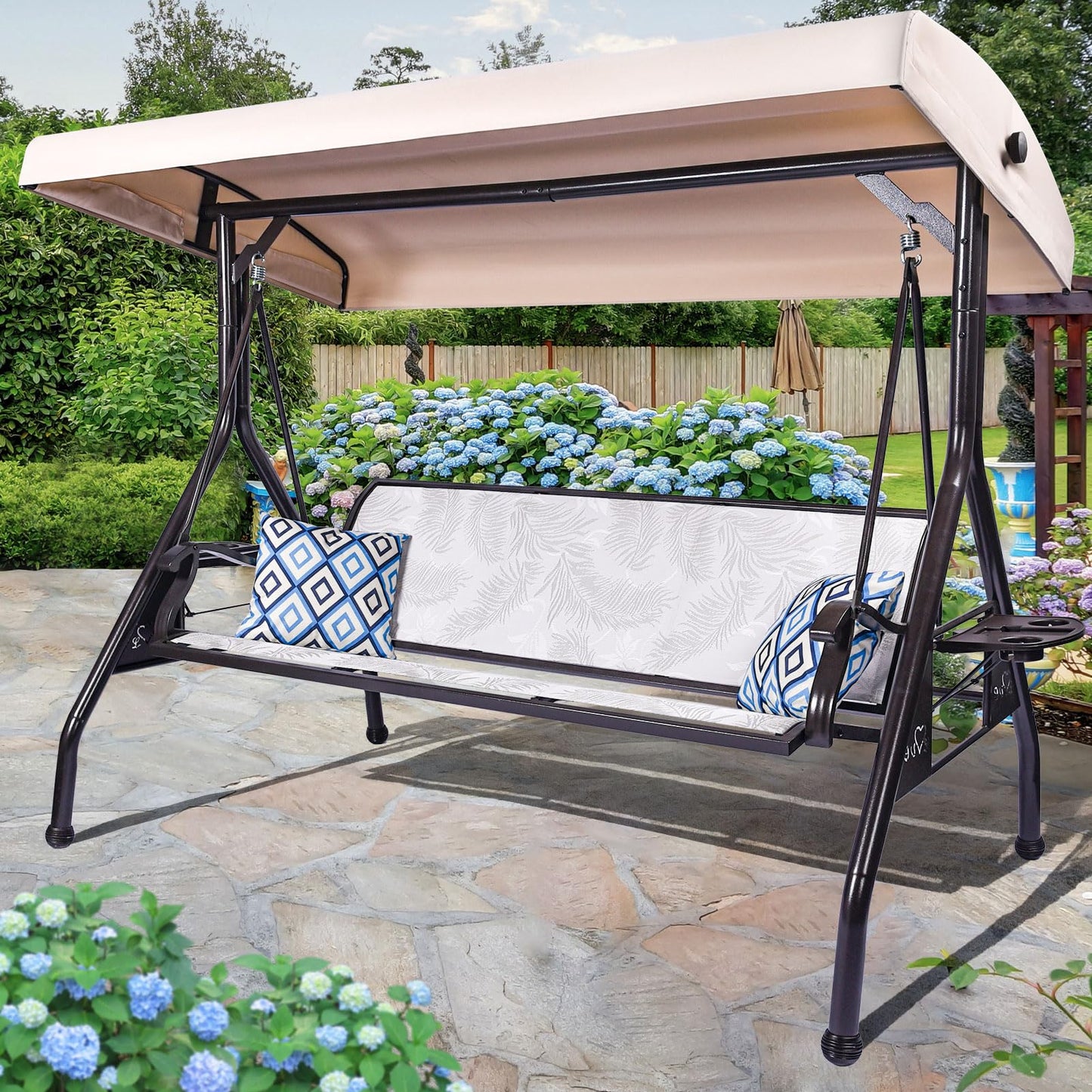 ZZW 3 Person Patio Swing Outdoor Swing for Adults with Adjustable Canopy &Upgraded Cup Holders Textilene Fabric Porch Swing Chair with Stand Heavy Duty 800 LBS