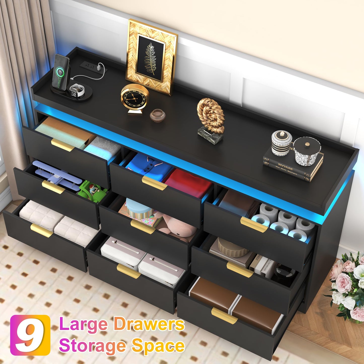 knoworld 9 Drawer Dresser for Bedroom, Black Dresser with LED Lights and Power Outlet, Large Dresser Wooden Long Dresser, Triple Wide Drawer Dresser for Bedroom, Entryway, Hallway