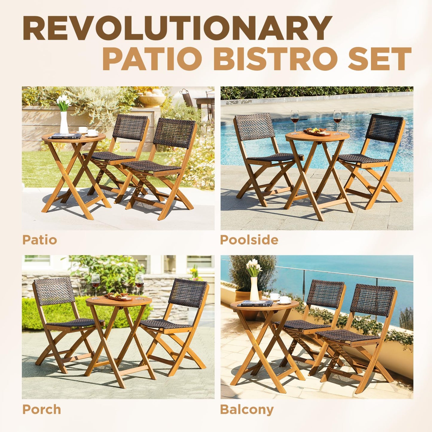 IDZO Wood Wicker Design Heavy Duty 400lbs Capacity Premium Patio Bistro Set 3 Piece Outdoor