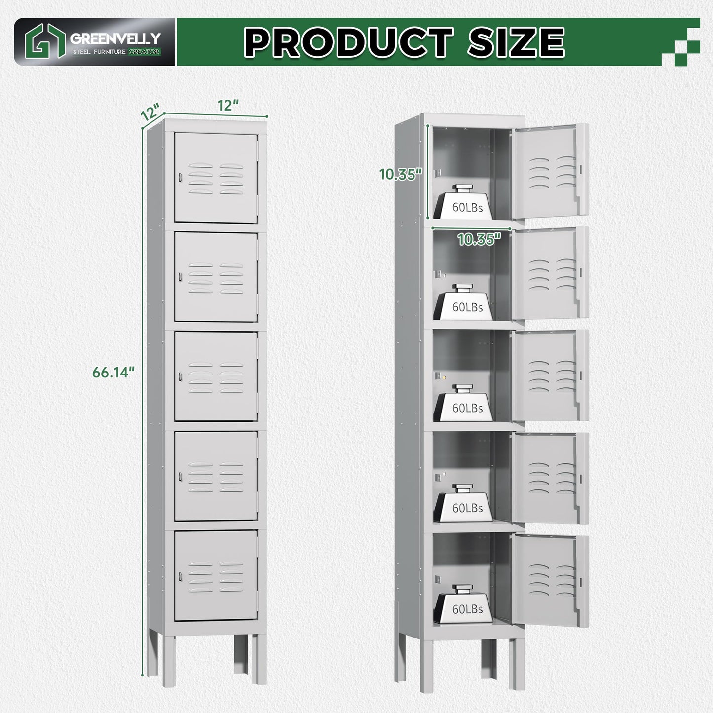 Greenvelly Metal 5-Tier Lockers for Employees Steel Lockers for Gym, Metal Storage Locker with Louvers, 5 Door Locker for Office,Home,School (Grey)