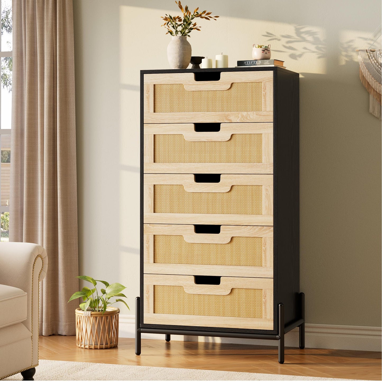 GAOMON Natural Rattan 5 Drawer Dresser, Wooden Chest of Drawer, Farmhouse Storage Cabinet with Metal Legs, Modern Dresser for Bedroom, Living Room, Entryway, Black&Oak