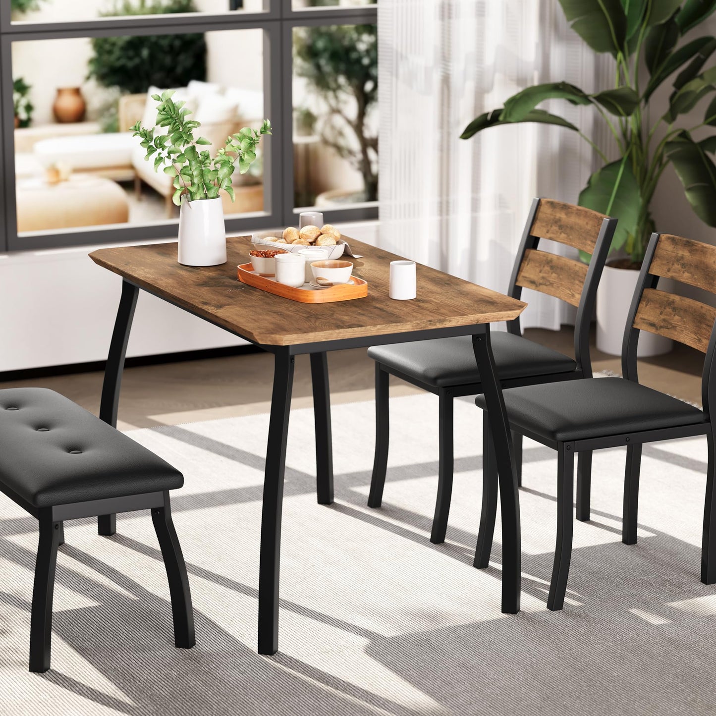 IDEALHOUSE 43'' Dining Table Set for 4, Wooden Kitchen Table with Upholstered Bench & 2 Cushion Chairs, Industrial Dinette Set for Studio, Kitchen, Dining Room, Apartment, Retro