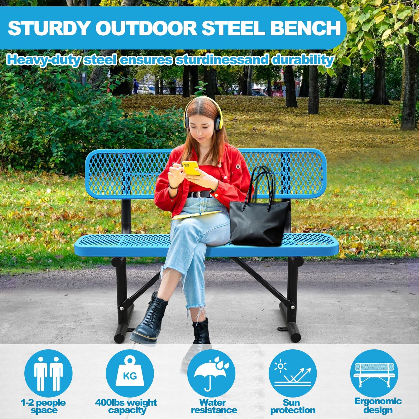 Heavy Duty Metal Park Bench for Outside, Outdoor Garden Benches with Backrest & Portable Frame, Expanded Metal Mesh Bench for Shopping Malls, Lawn, Park, Deck, Patio, Porch (Blue, 4FT/48INCH)