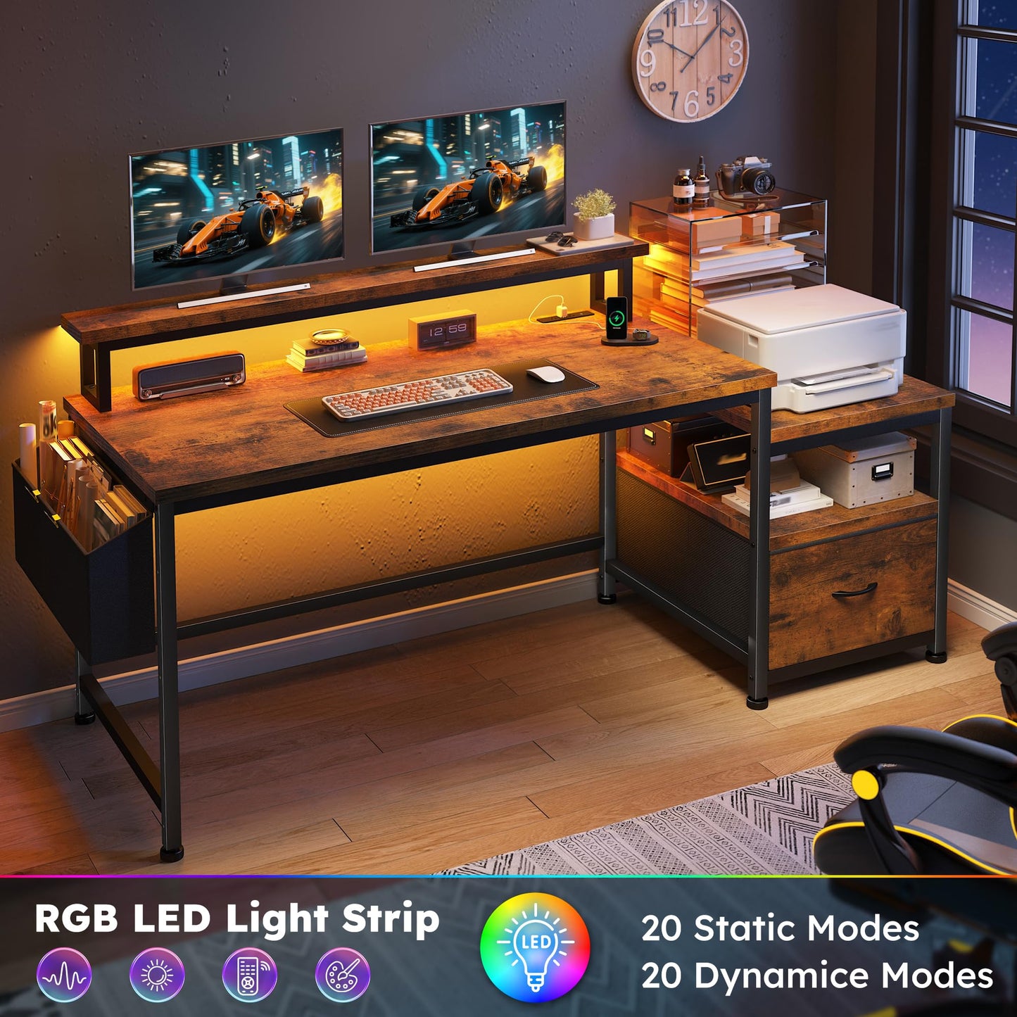 Computer Desk with Drawers and LED Lights,57" Gaming Desk with Power Outlets and Printer Space, Office Desk with File Drawers Cabinet,Study Table with Shelves Monitor Stand,Living Room,Rustic Brown