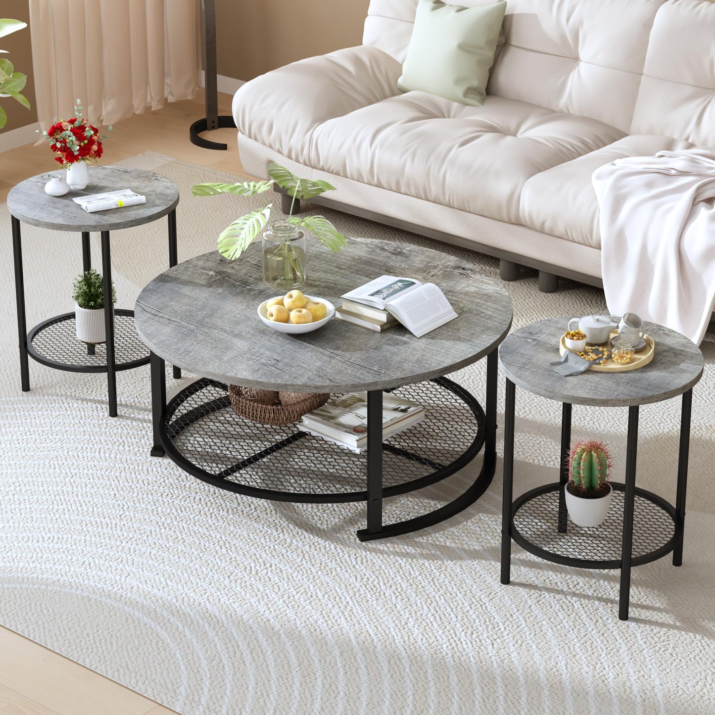 DKLGG Living Room Coffee and End Table Sets, Wooden Modern Rustic Center Table with Two Side Tables, 3 Piece Living Room Coffee Table Set with Storage for Living Room, Apartment (Grey)