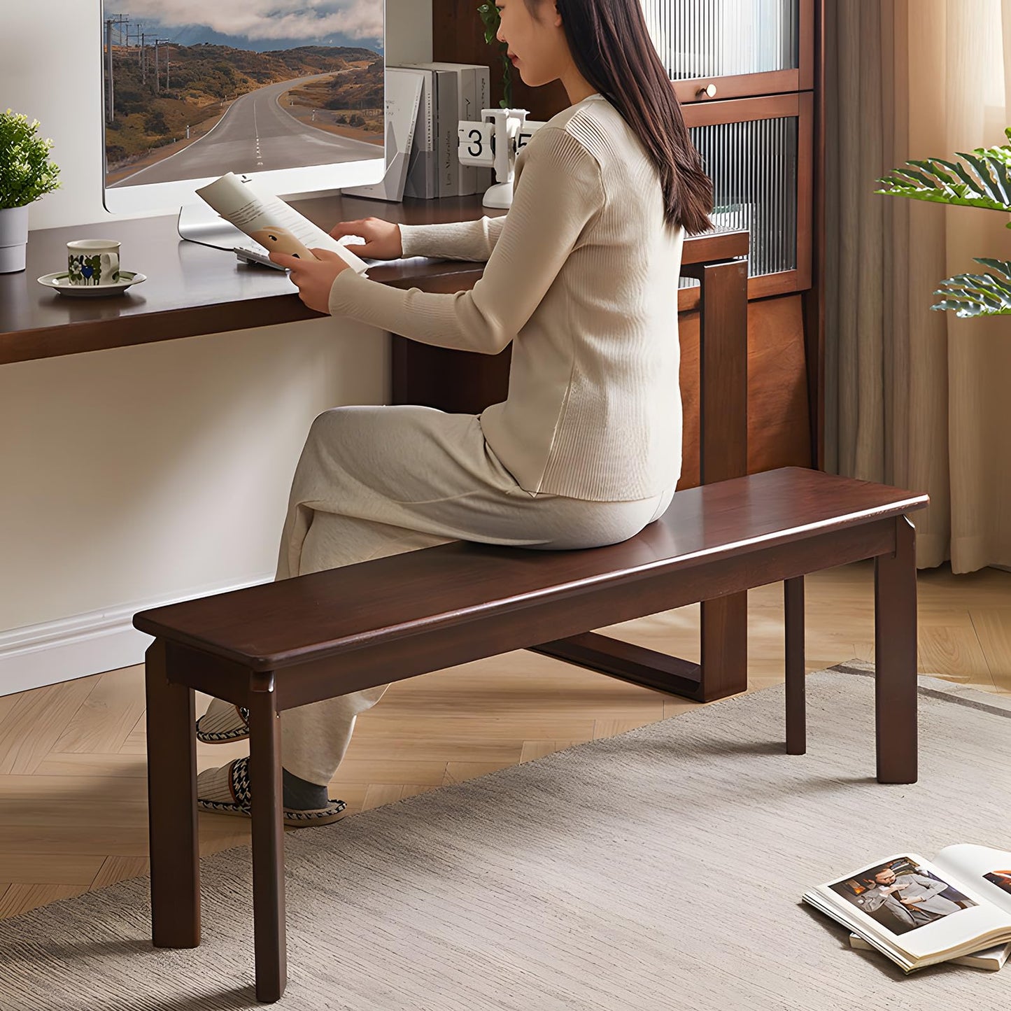 Cttasty Dining Bench, Solid Wood Bench with Wide Seat, Mid Century Modern Bench, End of The Bed Bench, 47.2" L x 11" W x 16.5" H(Walnut)