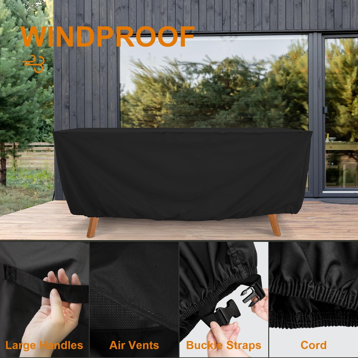Tempera Patio Furniture Covers - Heavy Duty Rectangle, Waterproof Outdoor Table & Chair Covers, 90''L x 60''W x 27.8''H, Black