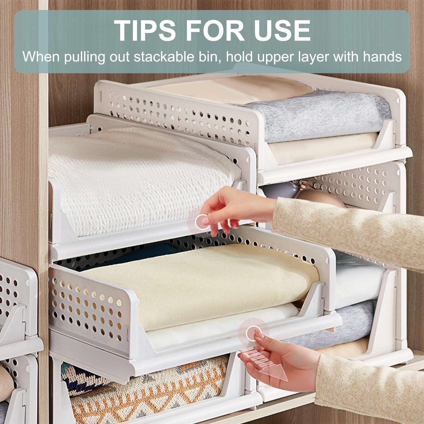 Stackable Foldable Storage Baskets, Folding Storage Bins, Closet Organizers and Plastic Drawer Shelf Storage Container for Wardrobe, Cupboard, Kitchen, Bathroom, Office (White, 4S)