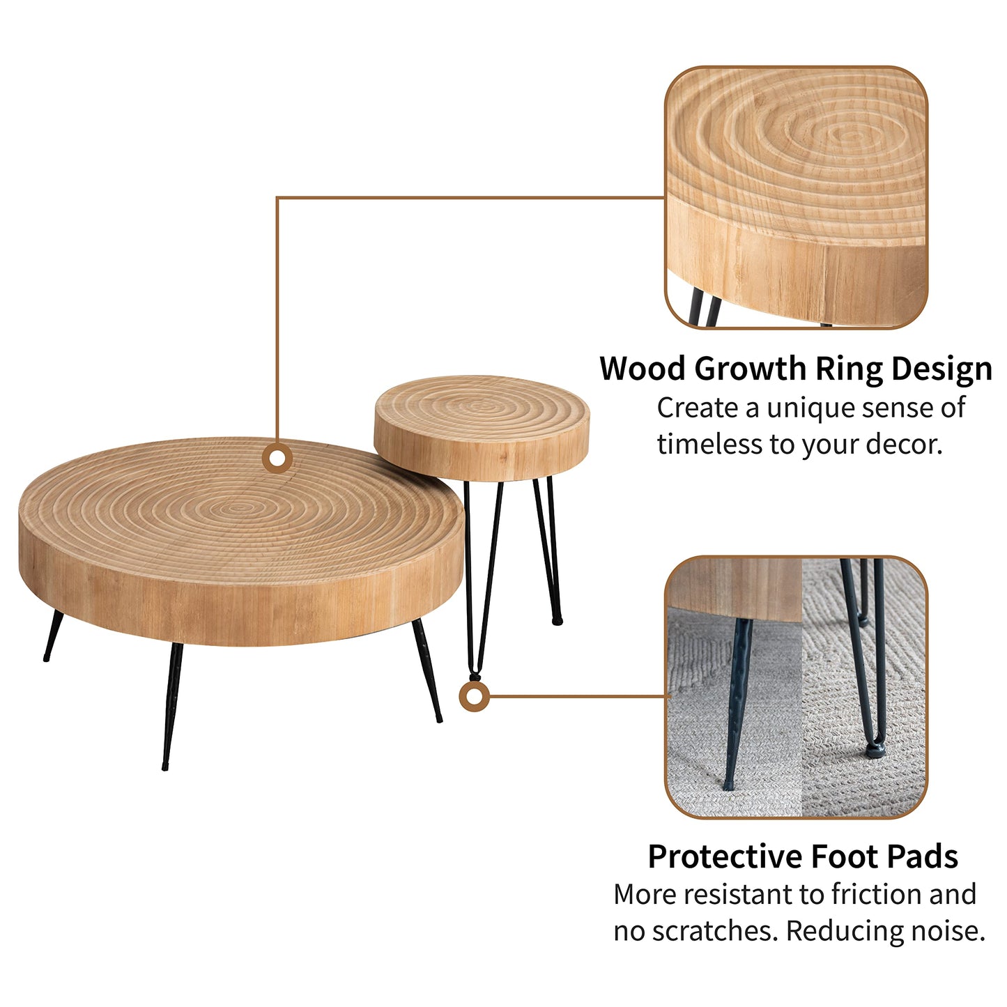 LONYKE 2-Piece Boho Farmhouse Nesting Table with Handcrafted Wood Ring Motif, Round Natural Finish Coffee Table Set for Living Room, French Country Decor, Round