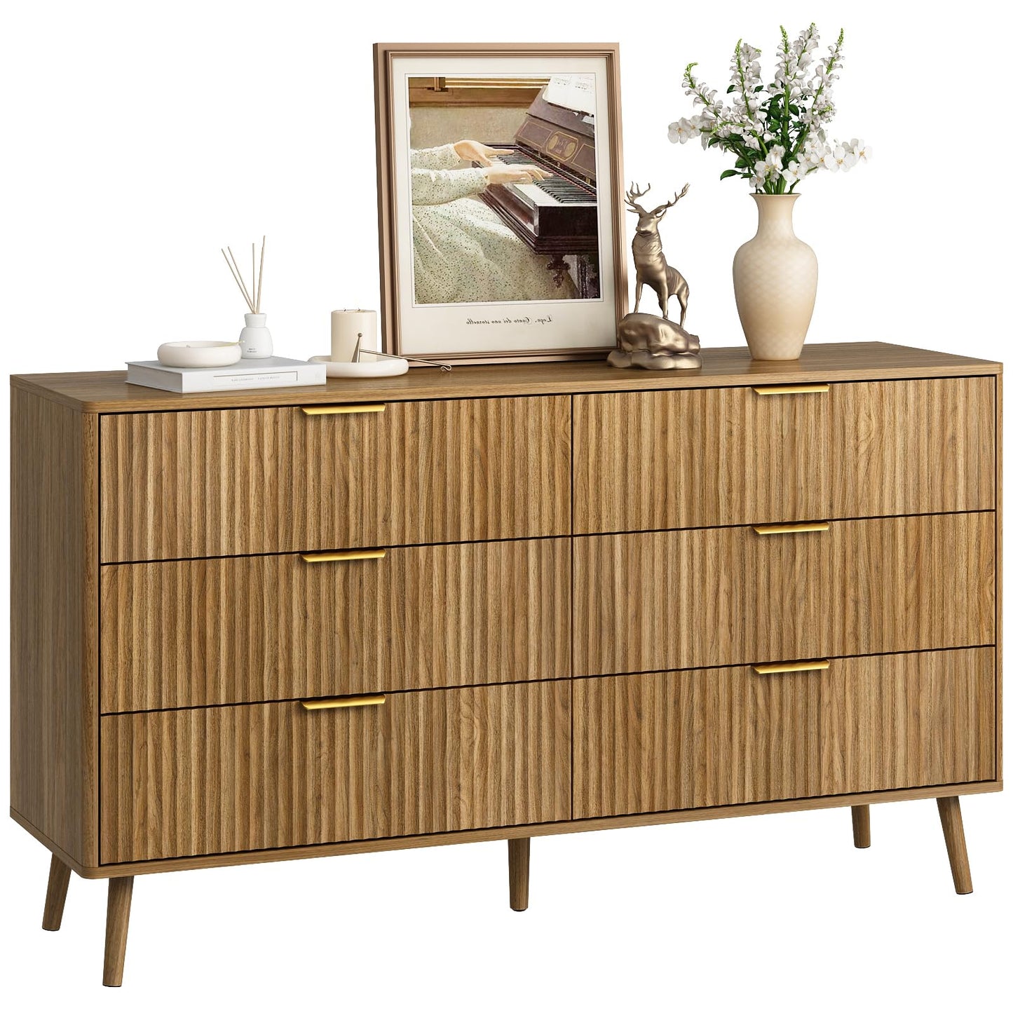 CARPETNAL Fluted 6 Double Drawers Dresser for Bedroom, 55”Wide Modern Chest of Drawers with Deep Drawers,Curved Profile Design, Wood Drawer Organizer for Bedroom Living Room, Hallway, Natural Oak