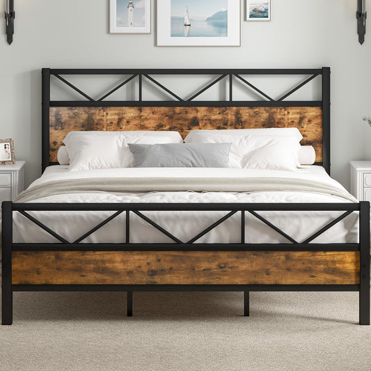 CHABUILDREARK King Size Bed Frame and 51.2" Tall Headboard, King Platform Bed Frame with Headboard, Heavy Duty Metal Slats Support, No Box Spring Needed, Noise-Free, Easy Assembly, Rustic Brown