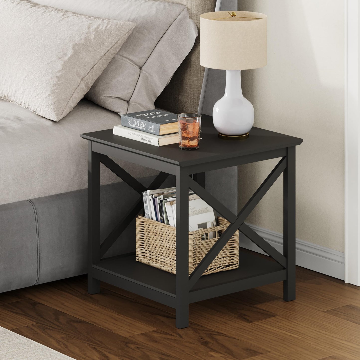 ChooChoo End Table, 24 Inch End Table with 2-Tier Storage Shelf, Side Table for Living Room, Wood Nightstand for Bedroom, Office, Painted Surface, Black