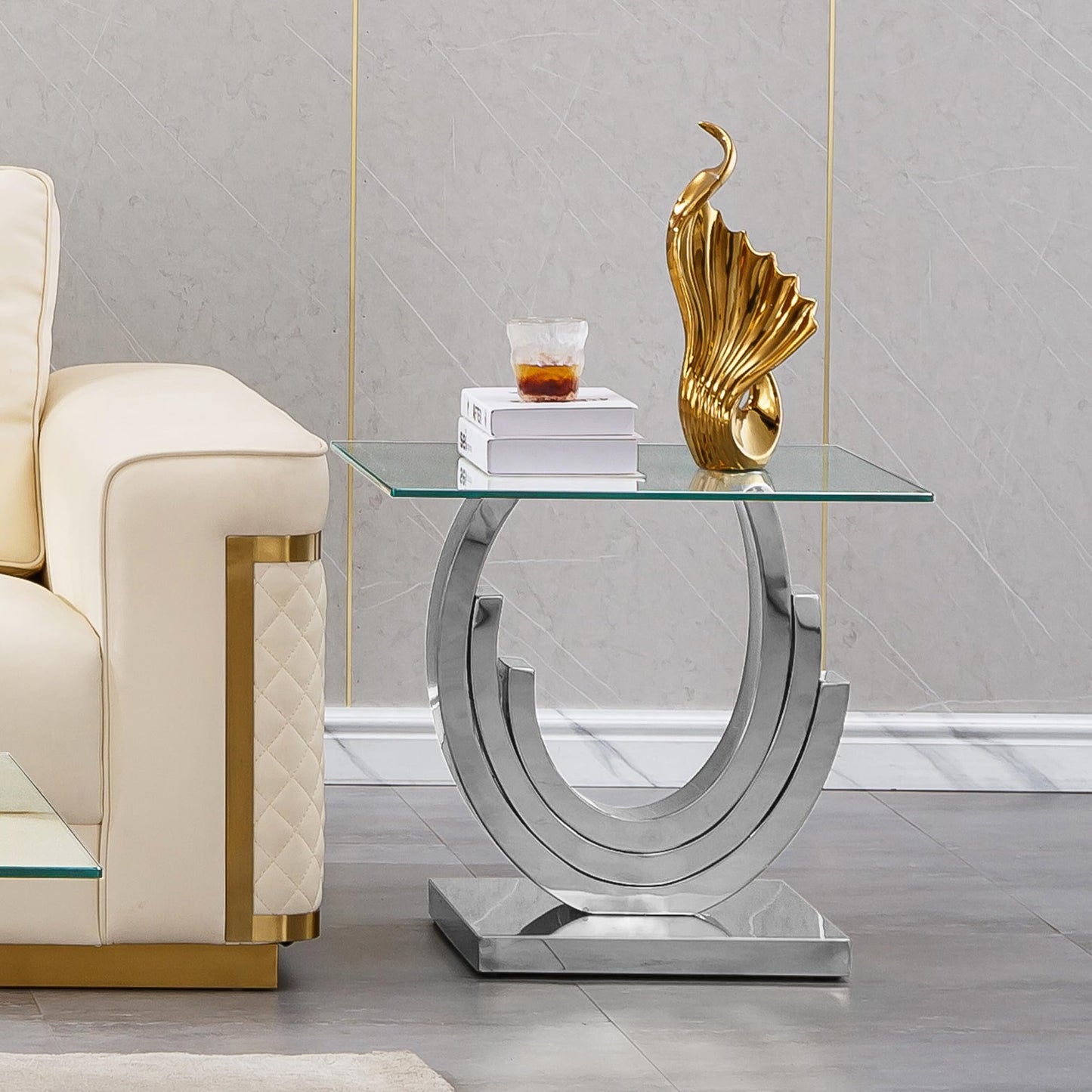 SSLine 1 Piece Living Room End Table Luxury Glass Side Table, Modern Silver End Table with Ring-Shape Stainless Steel Pedestal Base for Living Room Bedroom Office(1 End Table)