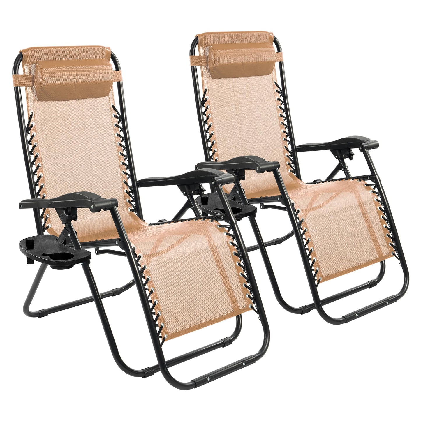 Elevon Zero Gravity Chair Set of 2 with Cup Holder & Removable Pillows, Adjustable Reclining Outdoor Patio Folding Chairs Portable Lounge Chair Furniture for Poolside, Lawn, Beach, Camping, Beige