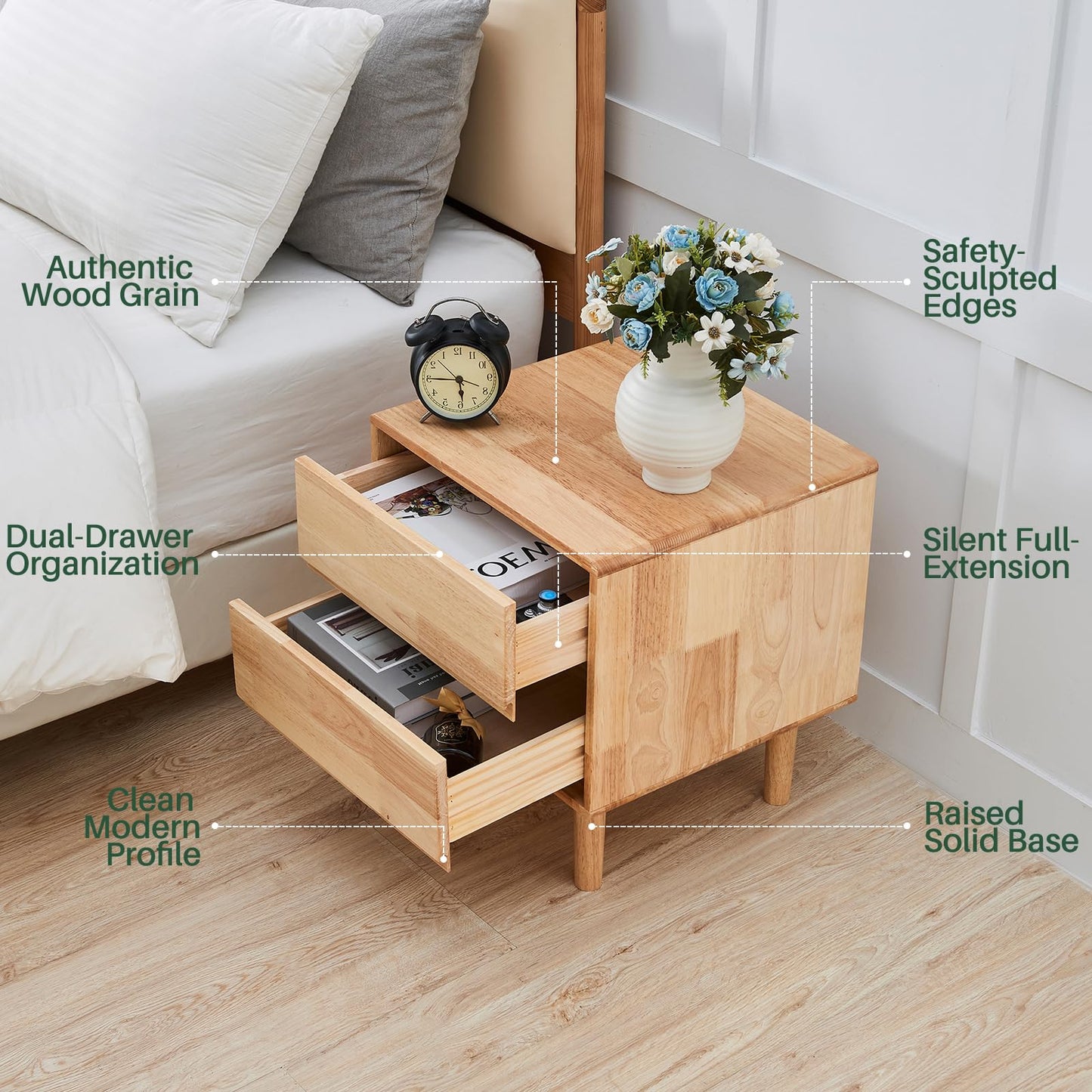 Small Solid Wood Nightstand with Drawers - Mid Century Modern 2 Drawer Wood Narrow Nightstand Side Bedside End Table with Storage for Living Room Bedroom Office, Natural, 15.7" D x 17.1" W x 19.6" H