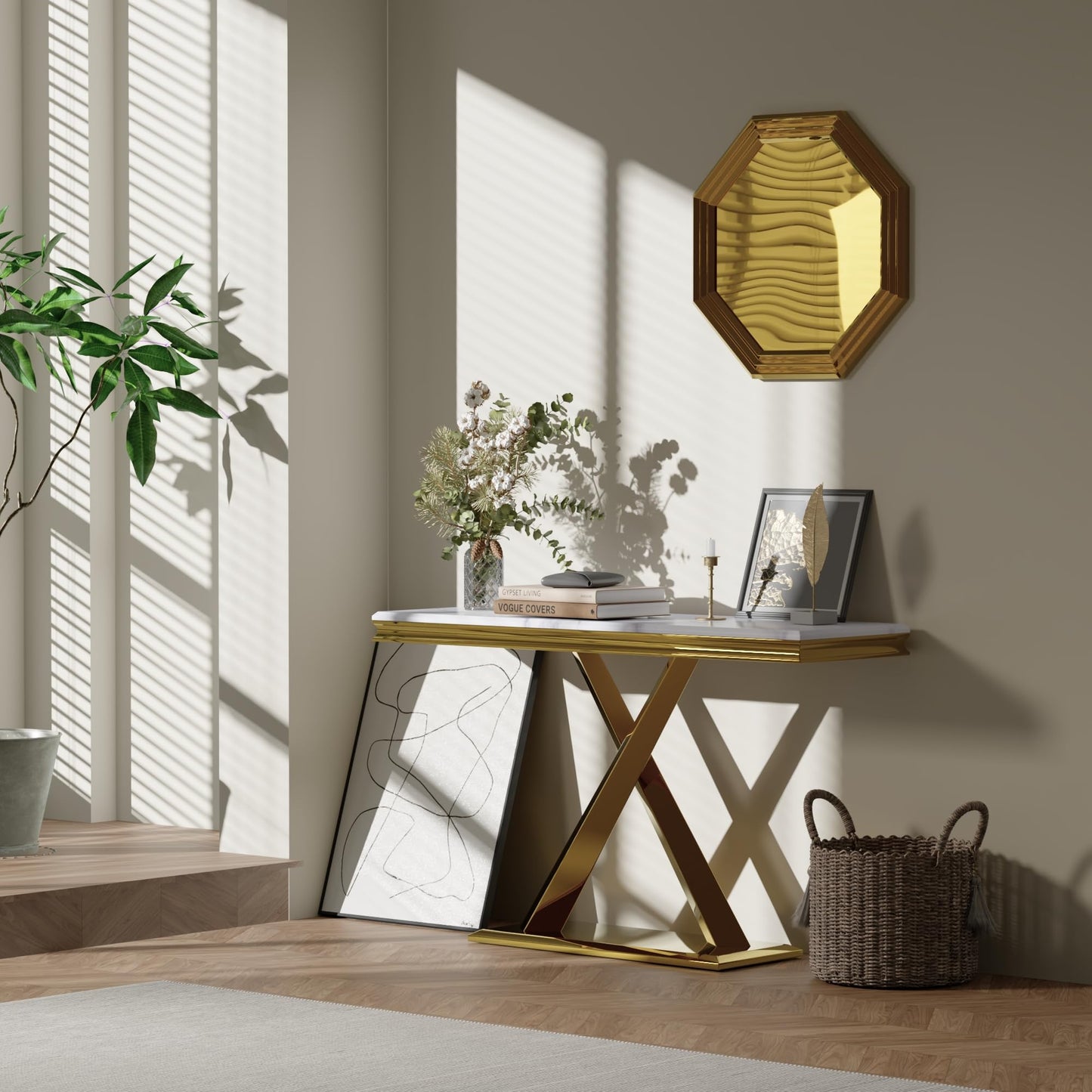 ACEDÉCOR Gold Console Table, 50" Entryway Table with White Tabletop & Gold Polished X-Base, Luxury Sofa Table for Living Room, Hallway, Foyer