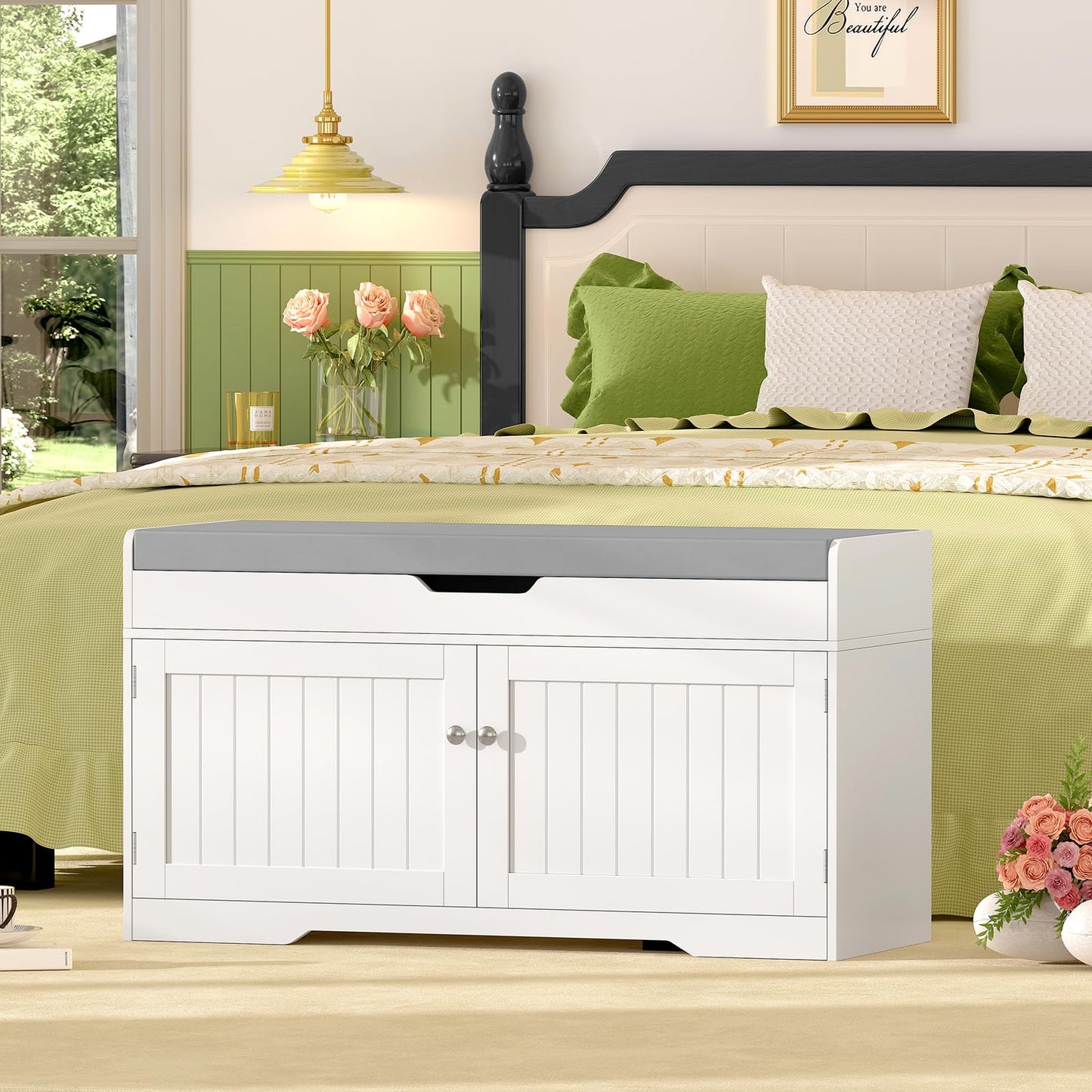usikey Shoe Bench with Lift Top Storage, Entryway Bench with Padded Seat Cushion, Shoe Storage Bench with 2 Adjustable Shelves, for Entryway, Living Room, Bedroom, White