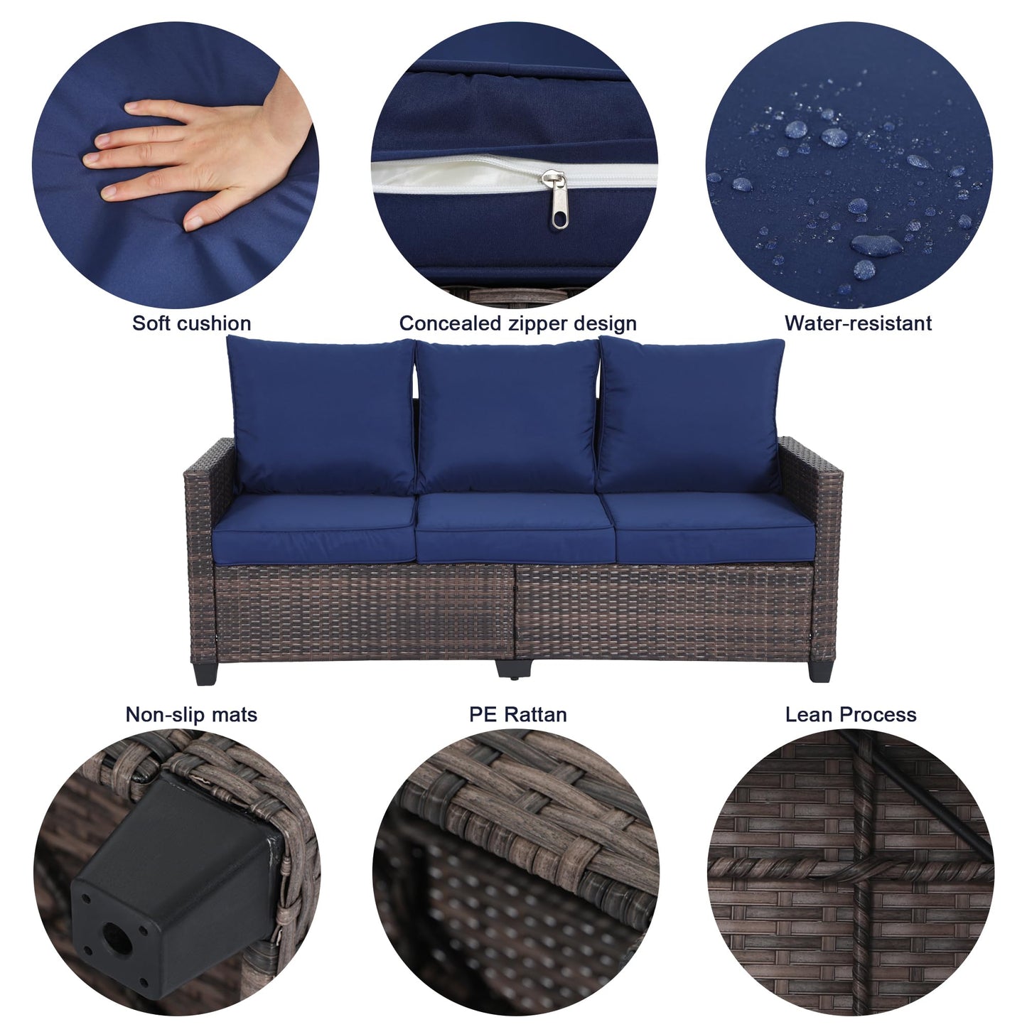 EortheX Outdoor Patio Sofa, 3-Seat Rattan Wicker Couch for Garden Deck or Porch, Comfortable All-Weather Patio Furniture with Anti-Slip Cushions (Blue)