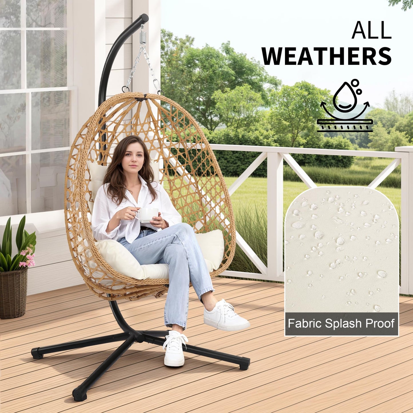 LEX CRAFT Egg Chair with Stand, Patio Wicker Hanging Chair, Hammock Swing Chair, 350LBS Capacity for Bedroom, Balcony, Garden (YE-BE)