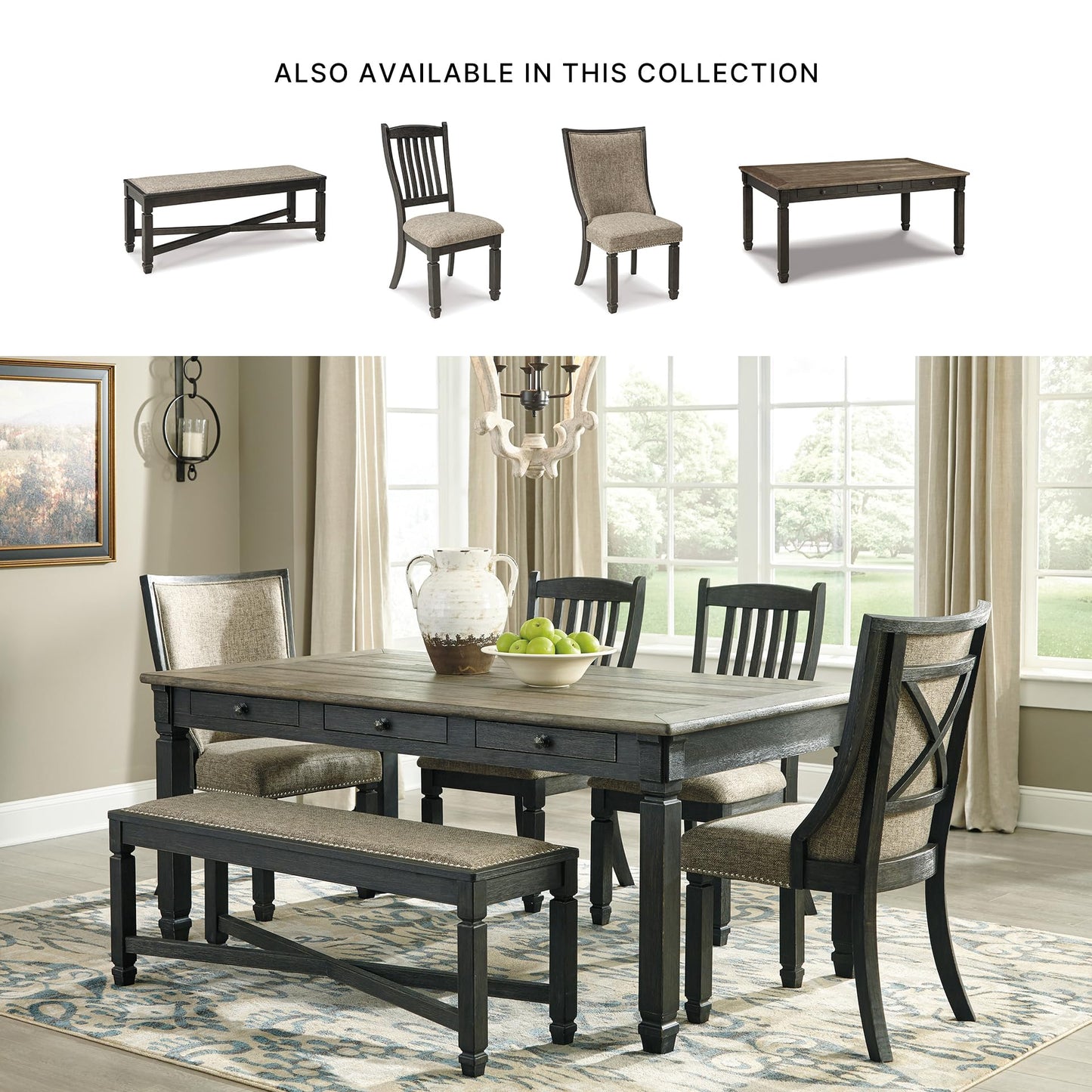 Signature Design by Ashley Tyler Creek Modern Farmhouse Upholstered Dining Room Bench, Antique Black Finish