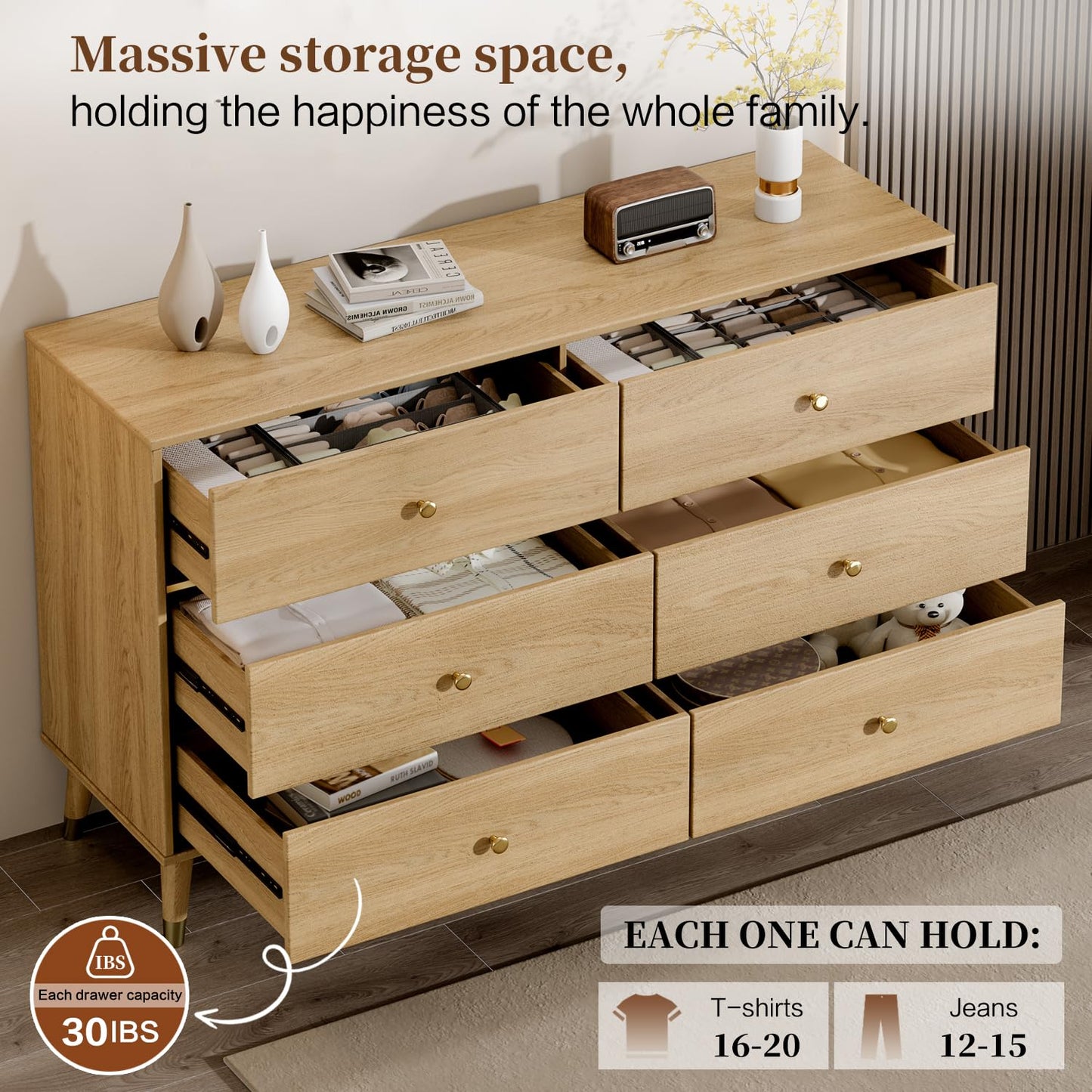 Chrangmay 6 Drawer Dresser,47" Wide Mid Century Modern Chest of Drawers,Wooden Bedroom Drawer Dresser with 6 Storage Drawers for Bedroom,Living Room,with Anti-Tipping Device,Wood