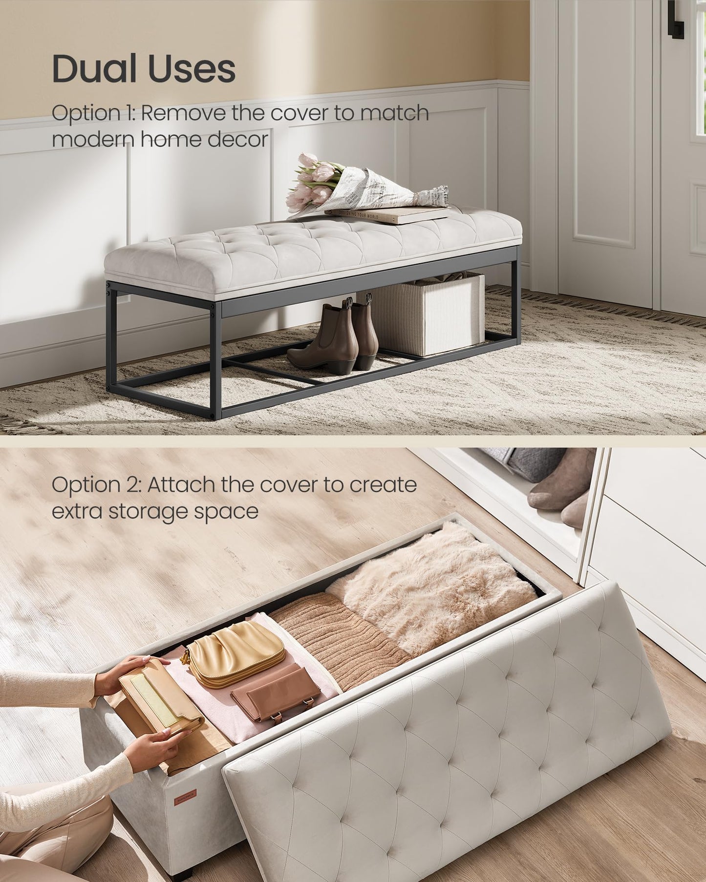 SONGMICS Velvet Storage Ottoman Bench, Foot Rest with Legs, 15.7 x 43 x 15.7 Inches, End of Bed Bench, Storage Chest, Load up to 660 lb, for Living Room, Bedroom, Entryway, Cream White ULSF089W01