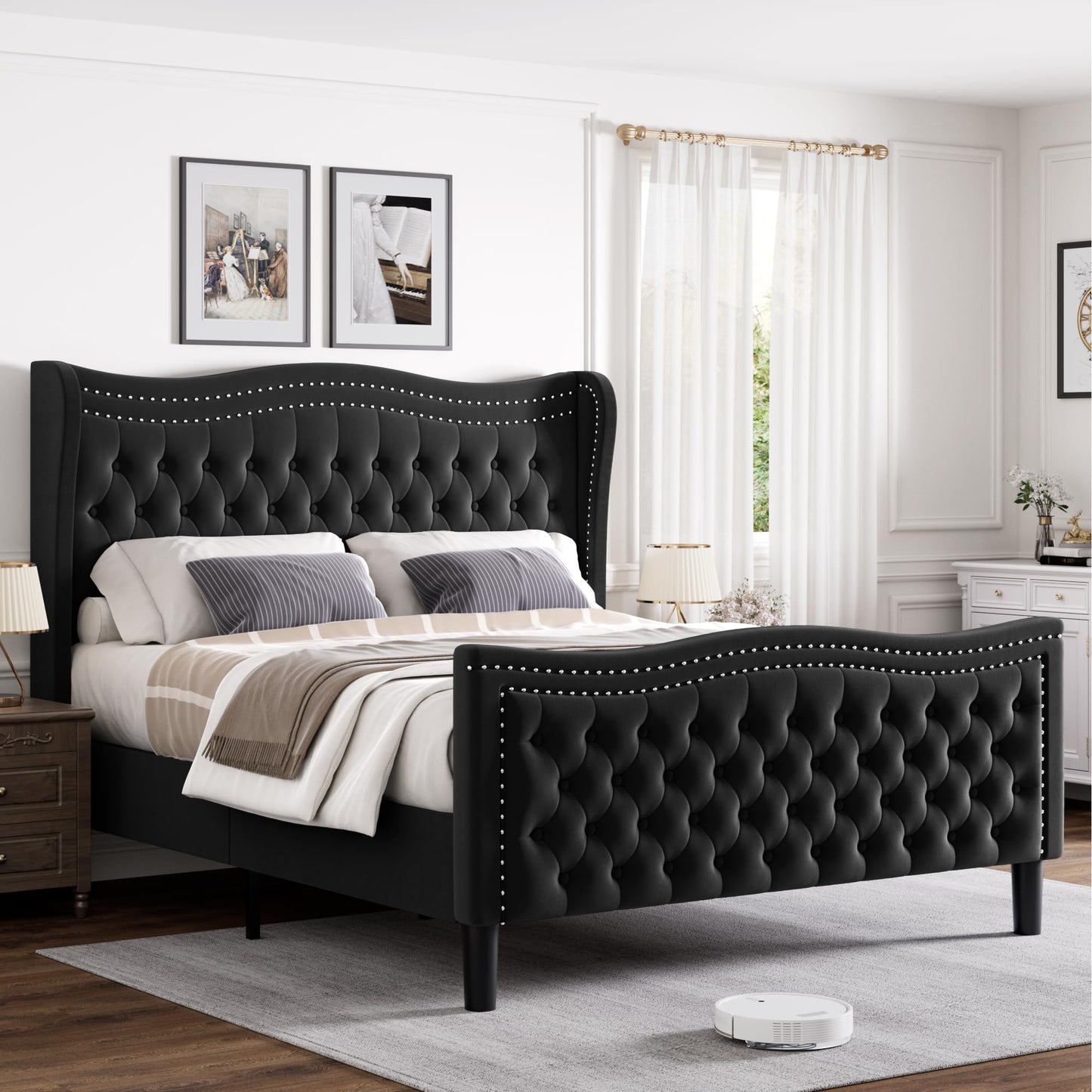 Generic Queen Bed Frame, 52"" Headboard Upholstered Bed with Tall Footbaord, Velvet Upholstered Deep Button Tufted Wingback Platform Bed, No Box Spring Required/Wood Slat Support/Black