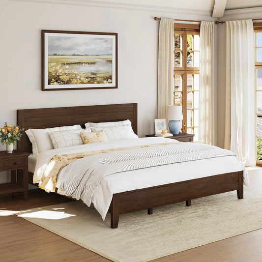 Cozyman Bed Frame King Size, Acacia Wood Platform with Headboard, No Box Spring Needed, 800lb Capacity, Non-Slip Without Noise, Easy Assembly, Walnut