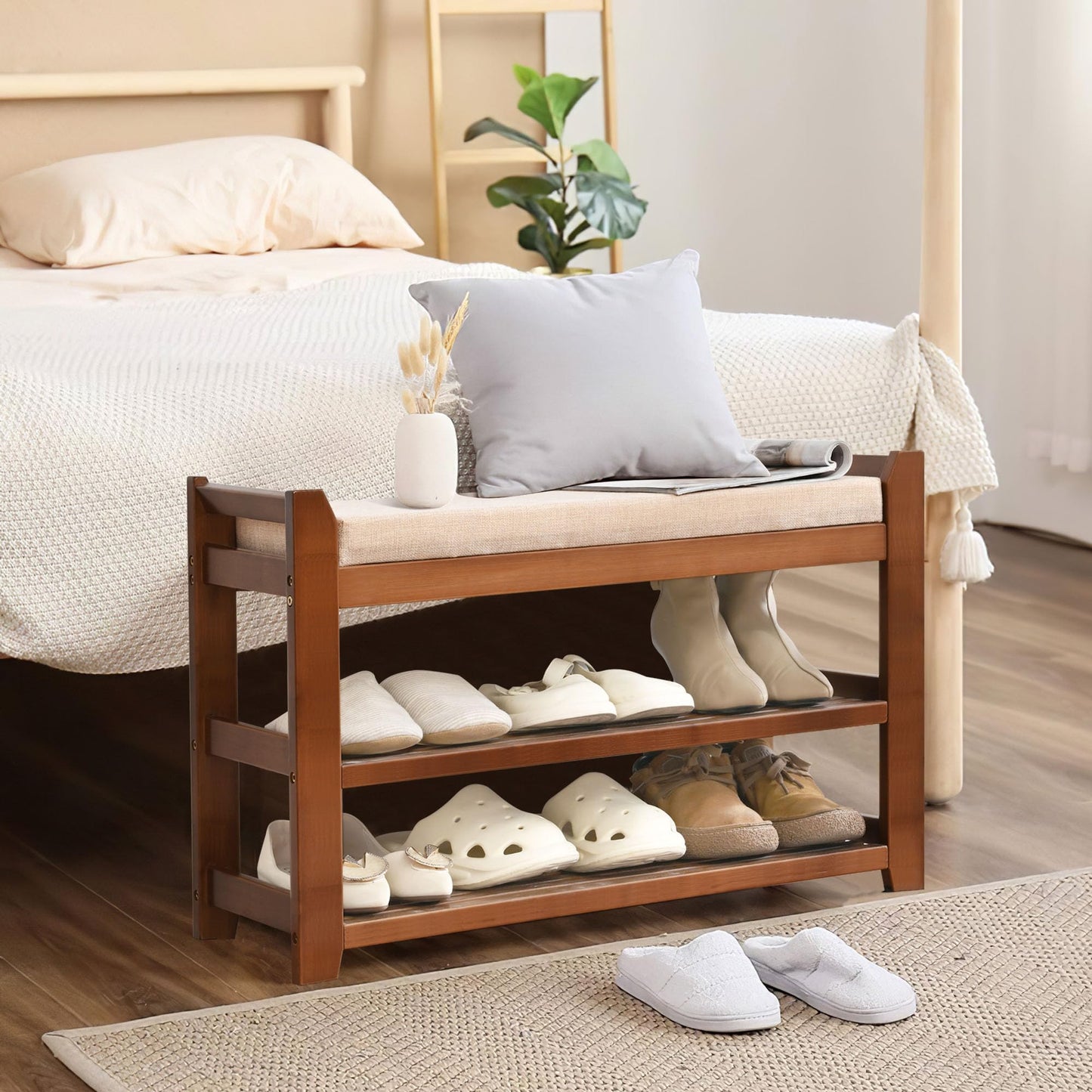 PETKABOO Shoe Rack Bench with Storage 27.6 in, Entryway Bench Shoe Storage with Cushion for Hallway, Bedroom, Living Room