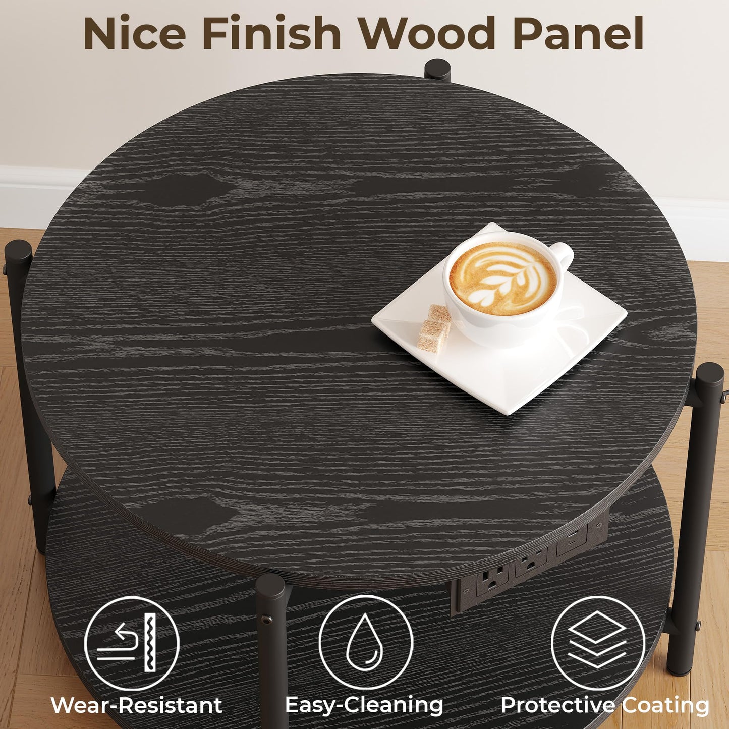 LIKIMIO Side Table, 23.6" W Round End Table with with Charging Station, Modern Wooden Nightstand for Small Spaces, Living Room, Bedroom, Black