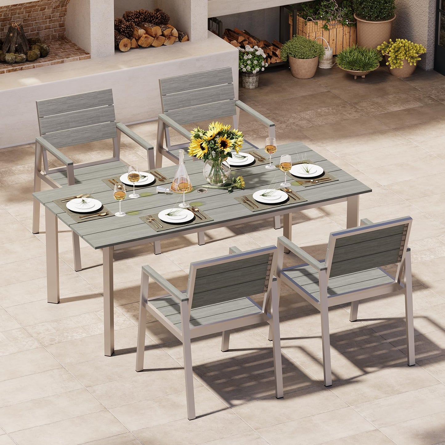 Oasbira Outdoor Dining Set for 4, Patio Table and Chairs Set with Umbrella Hole, 5 Pieces HDPS Outdoor Furniture Sets for Patio, Garden, Backyard （Silver & Gray）