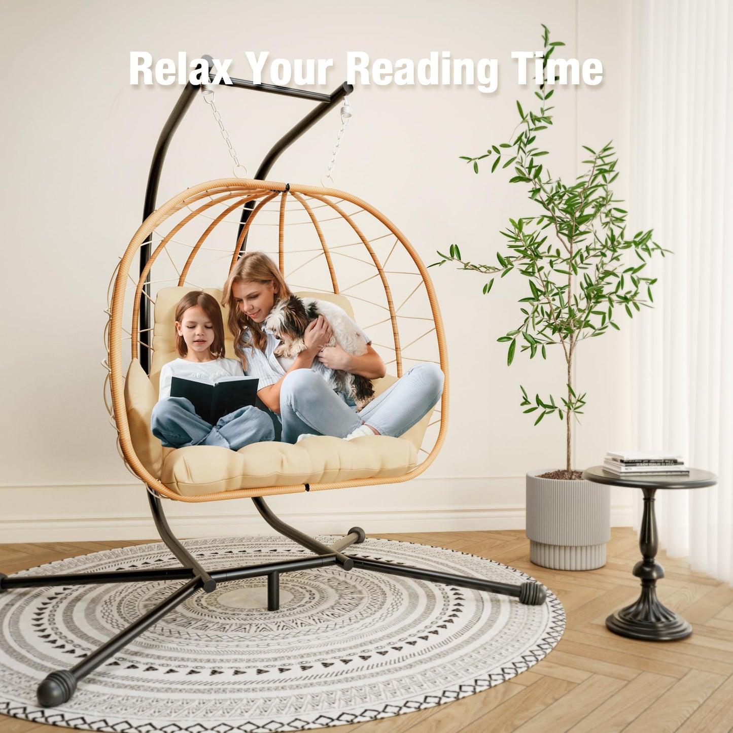 Pamapic Double Egg Chair wth Stand, 700 LBS Loveseat Rattan Swing Chair, UV Resistant Cushions with Armrests and Headrest, Thick Steel Frame Hammock Swing for Outdoor, Patio, Indoor(Beige)