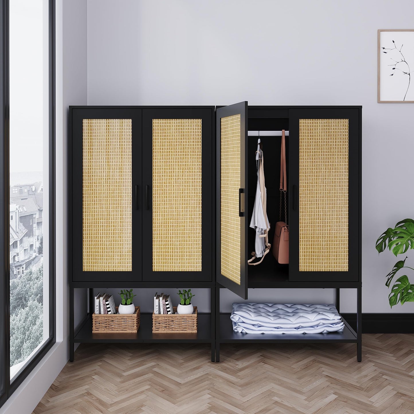 Gyger Wardrobe Closet with 2 Doors，Rattan Bedroom Armoires with Hanging Rod Freestanding Wooden Wardrobe Cabinet with Shelves,Black