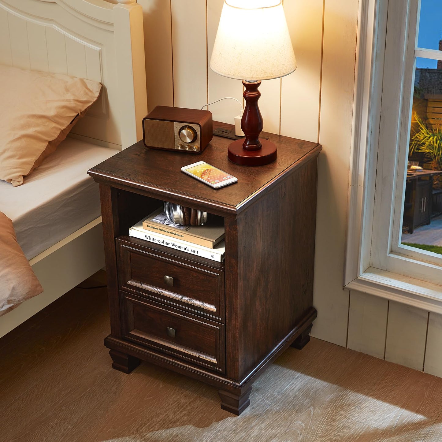 SAVOR LIFE Farmhouse Nightstand Set of 2 with Charging Station, Rustic Brown Nightstand,2 Drawers End Table for Living Room,Bedside Table with Open Shelf for Bed Room,Walnut