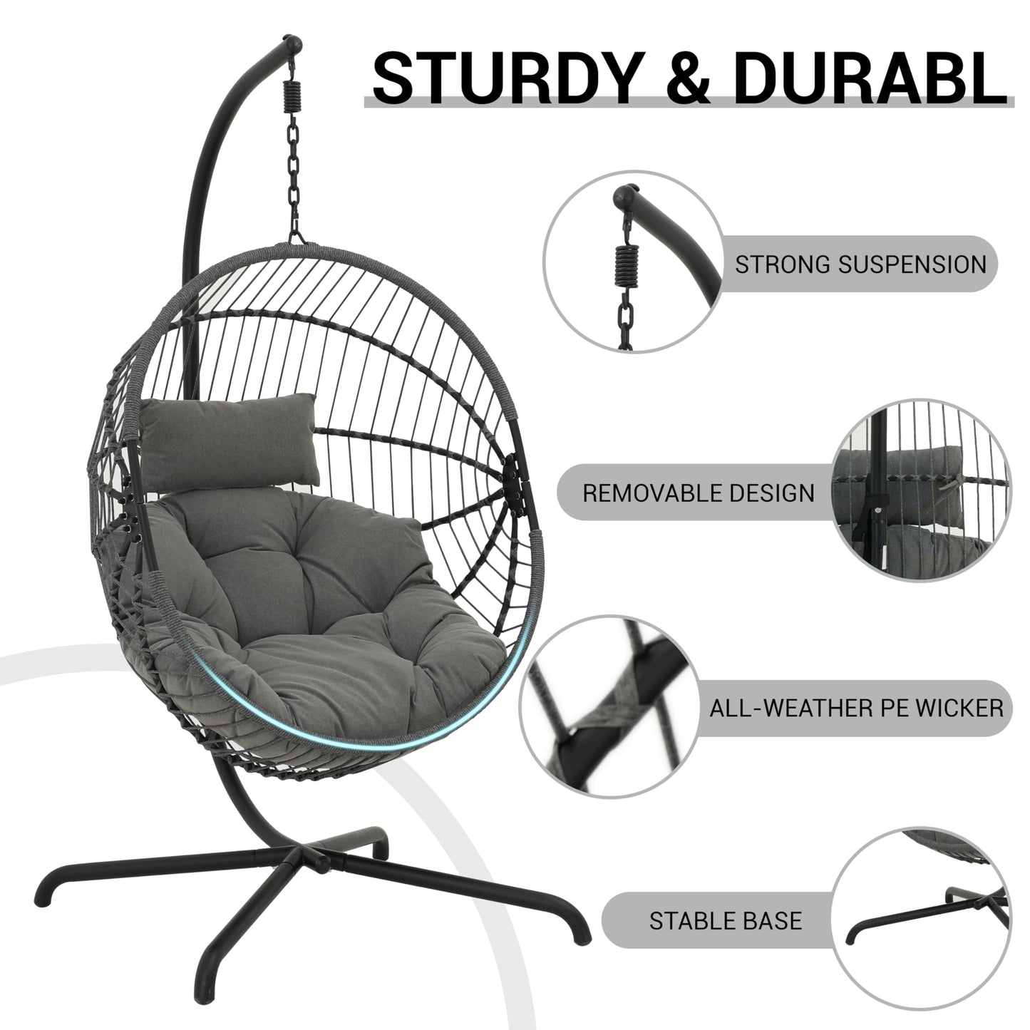 GREEN MORE Oversized Egg Swing Chair with Stand, Hanging Swing Chair, Foldable Hammock Chair with Steel Frame, 350LBS Capacity for Patio Garden Bedroom, Grey